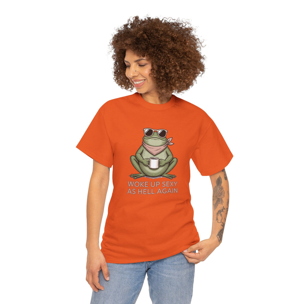 Frog Mug Graphic Tee — "Woke Up Sexy As Hell Again" Cotton T-Shirt