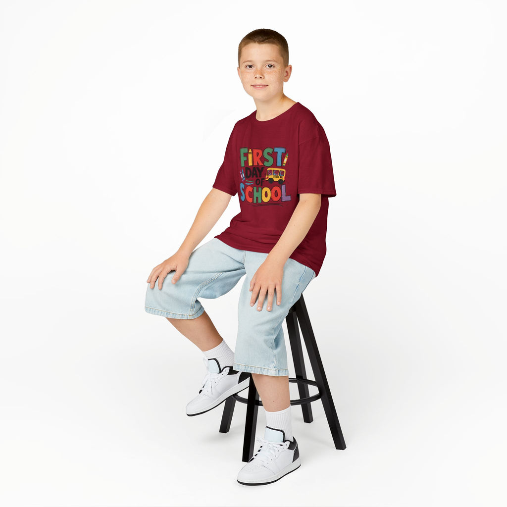 First Day of School Kids T-Shirt — Colorful Back-to-School Tee with School Bus Design