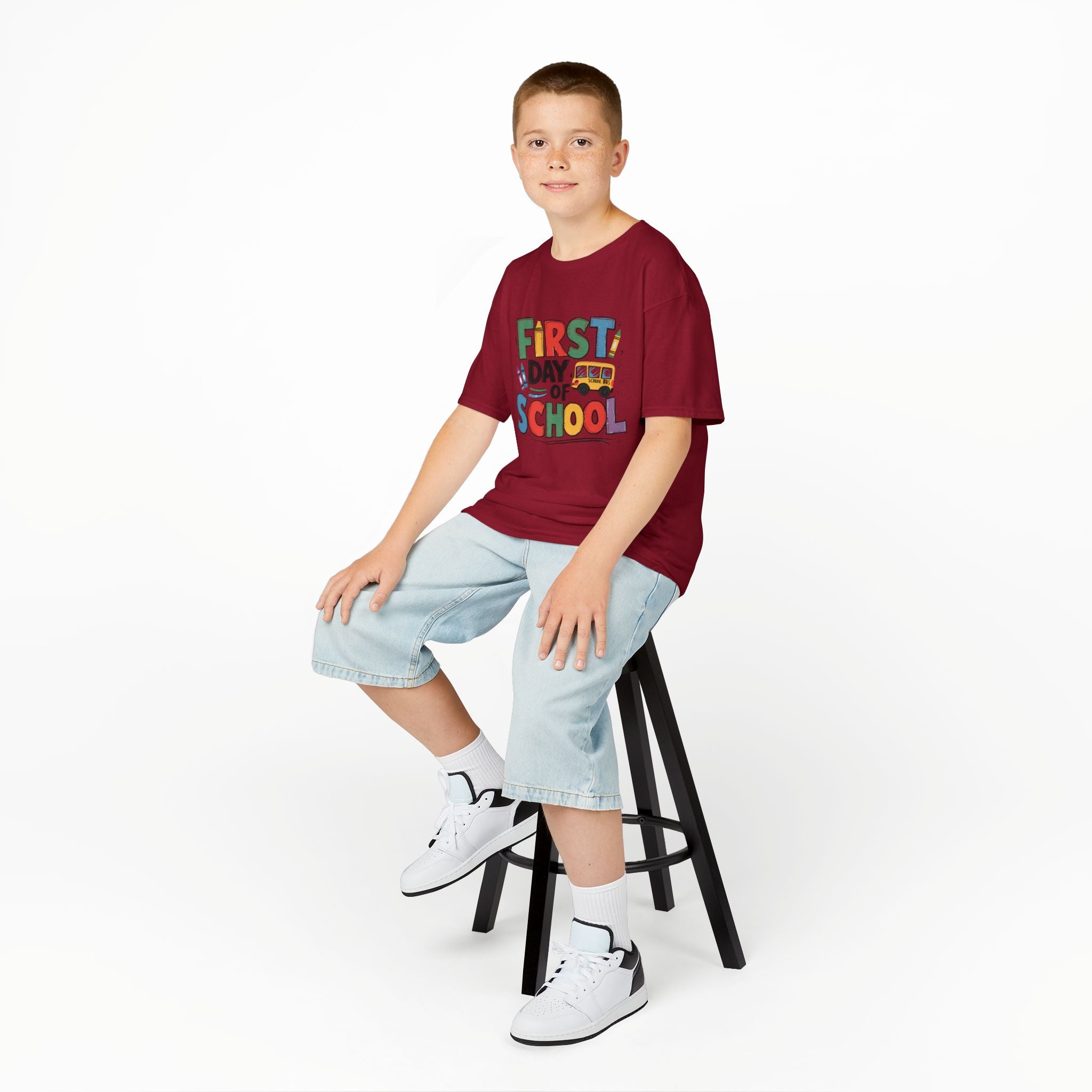 First Day of School Kids T-Shirt — Colorful Back-to-School Tee with School Bus Design