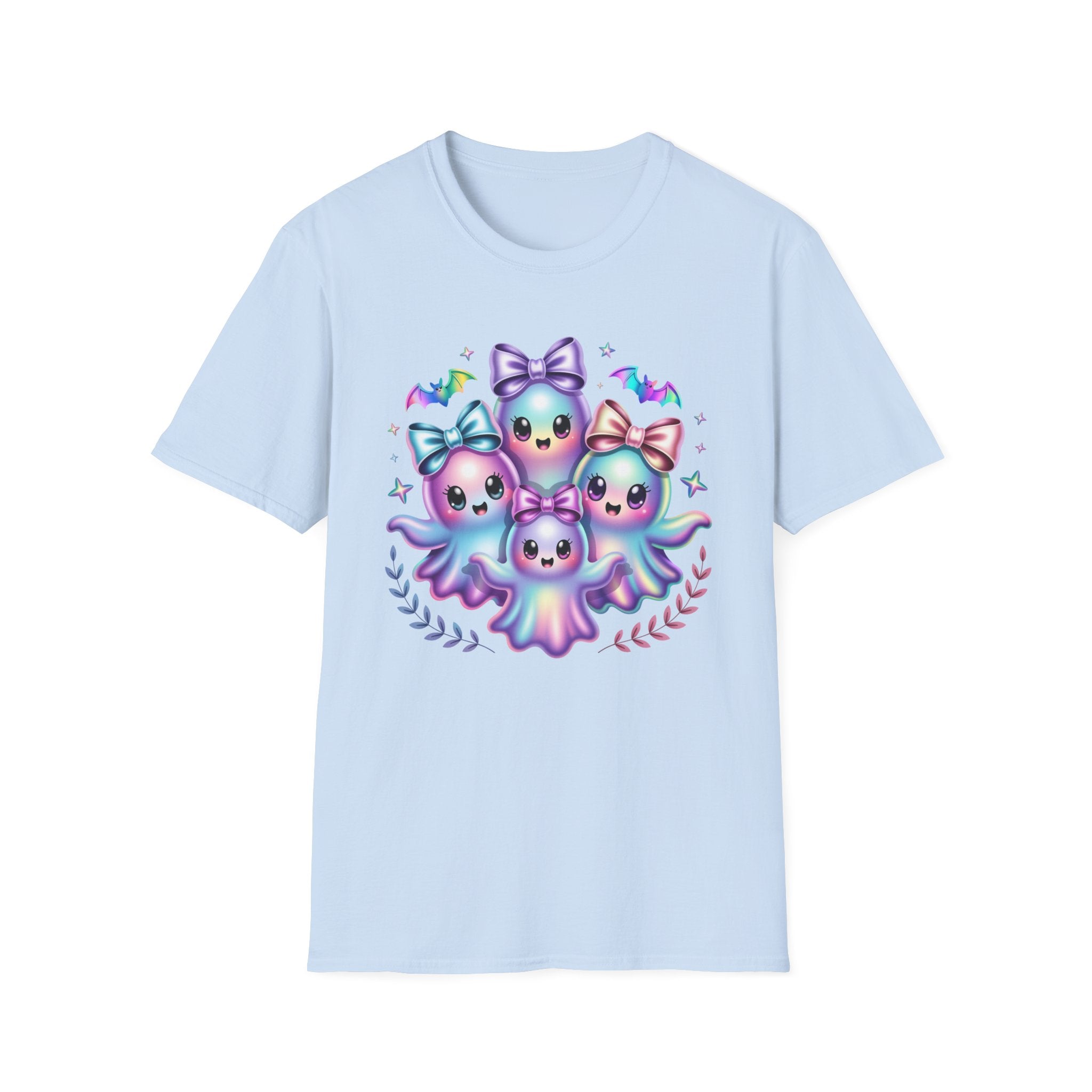 Cute Pastel Ghosts T-Shirt — Kawaii Iridescent Ghost Trio with Bows