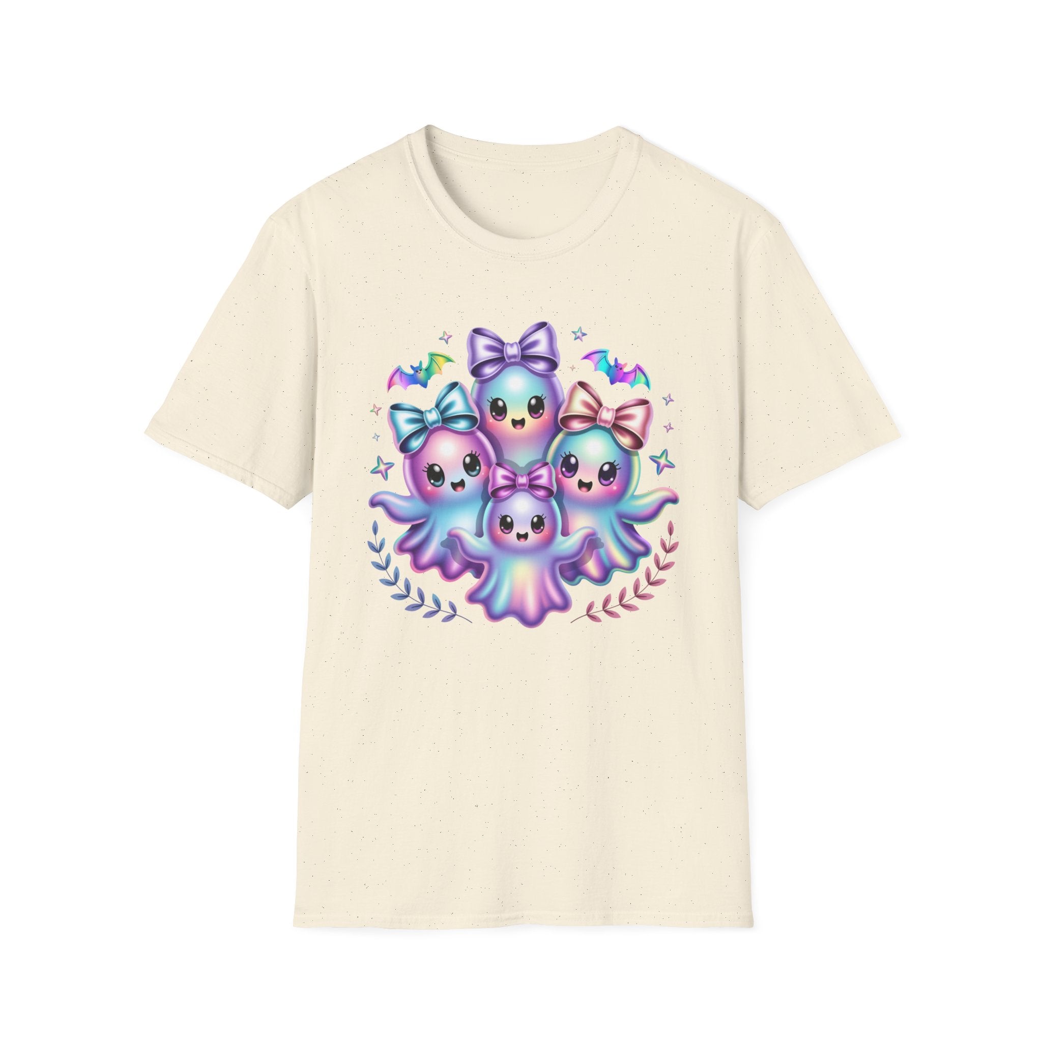 Cute Pastel Ghosts T-Shirt — Kawaii Iridescent Ghost Trio with Bows
