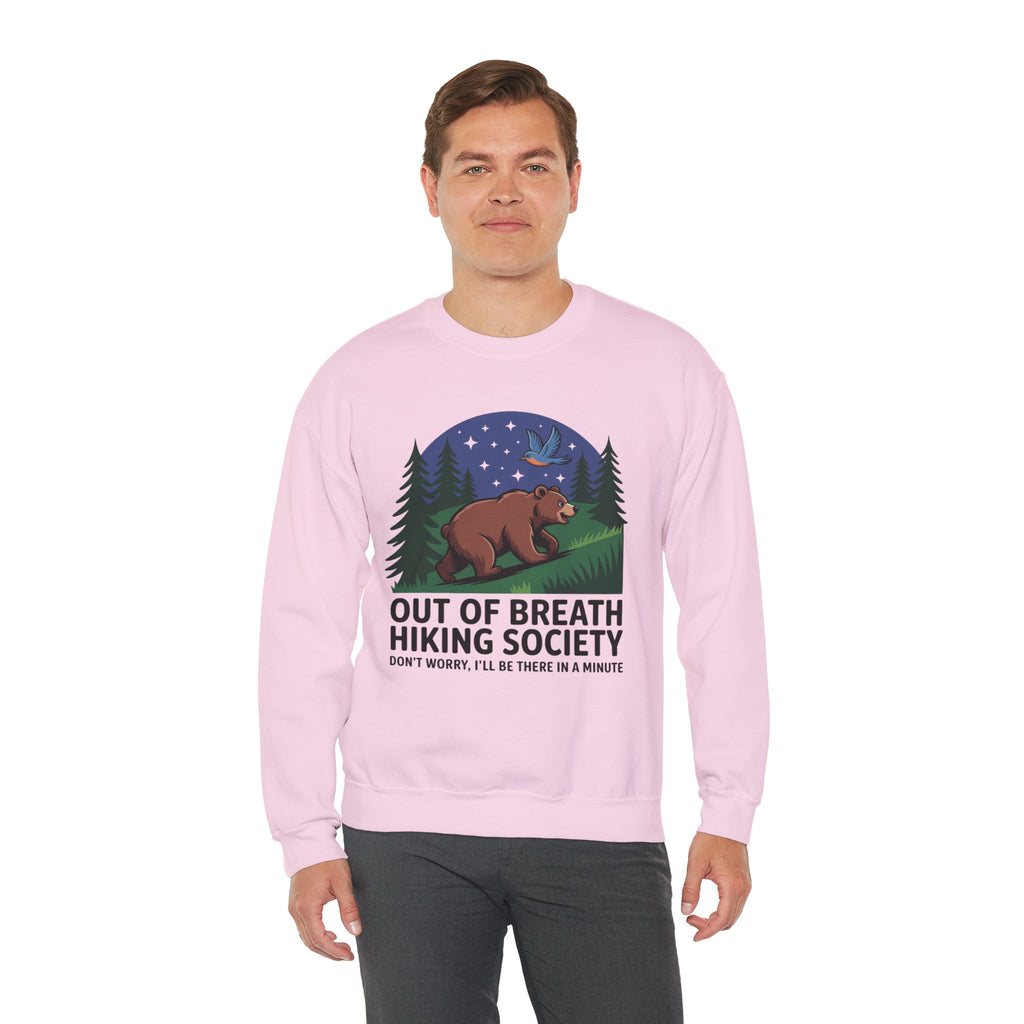 Out of Breath Hiking Society Crewneck Sweatshirt — Funny Bear Camping Graphic