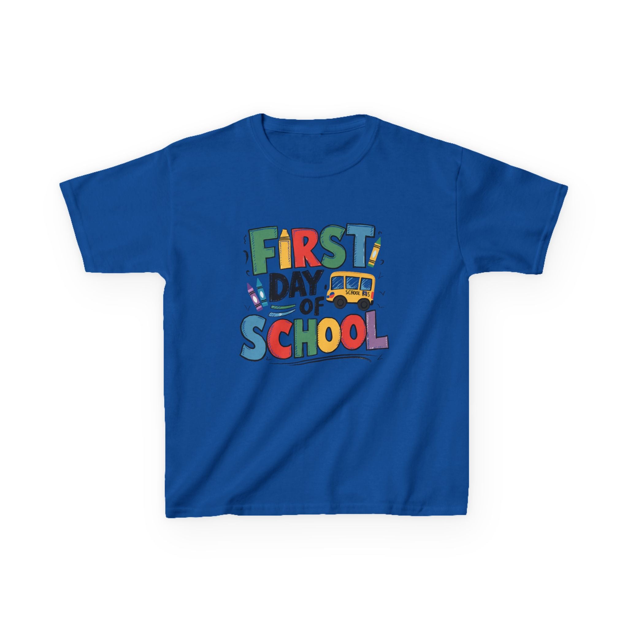 First Day of School Kids T-Shirt — Colorful Back-to-School Tee with School Bus Design