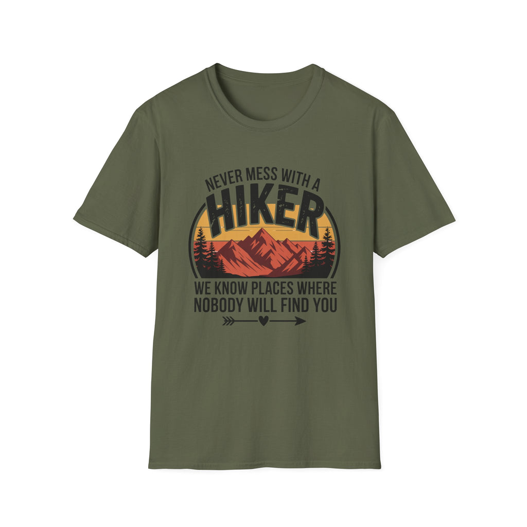 Hiker T-Shirt — "Never Mess With a Hiker" Mountain Sunset Tee