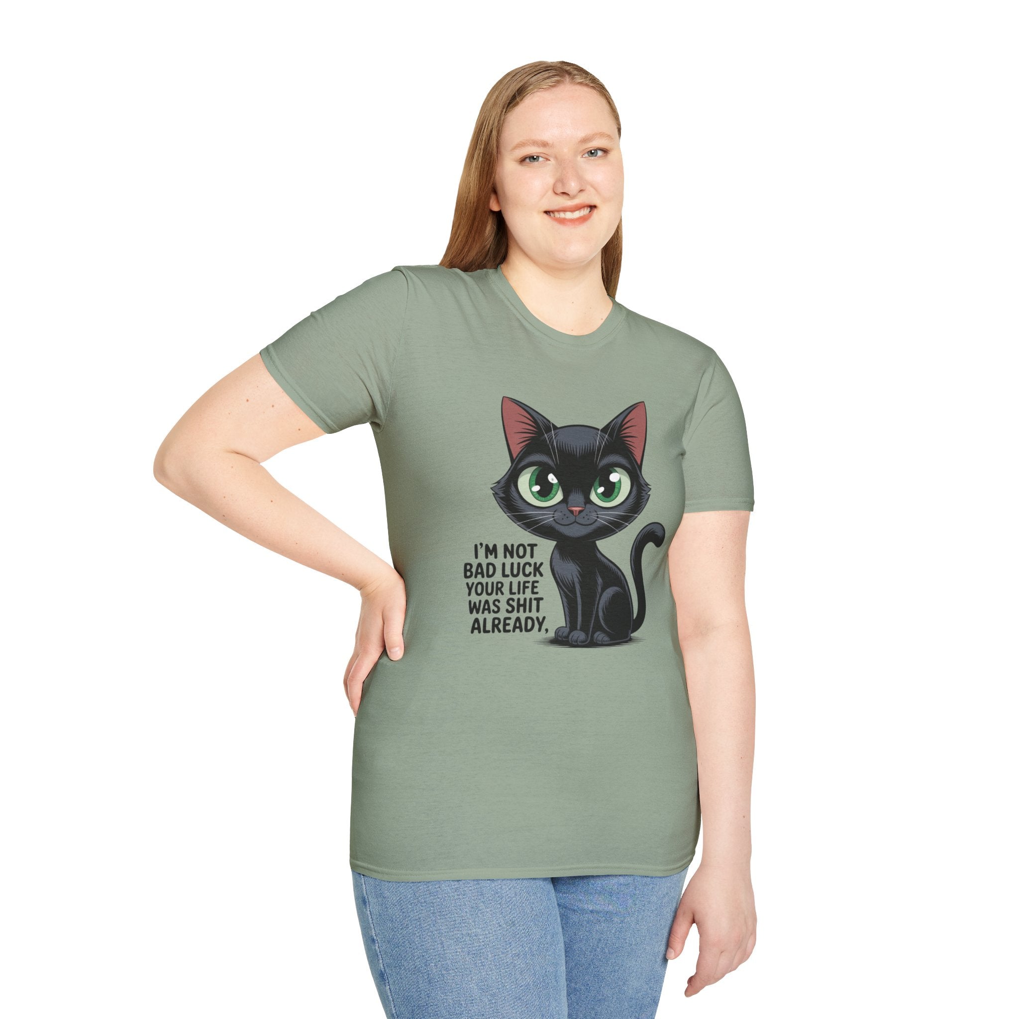 Funny Black Cat T-Shirt — I'm Not Bad Luck Dark Humor Gift Tee for Cat Lovers