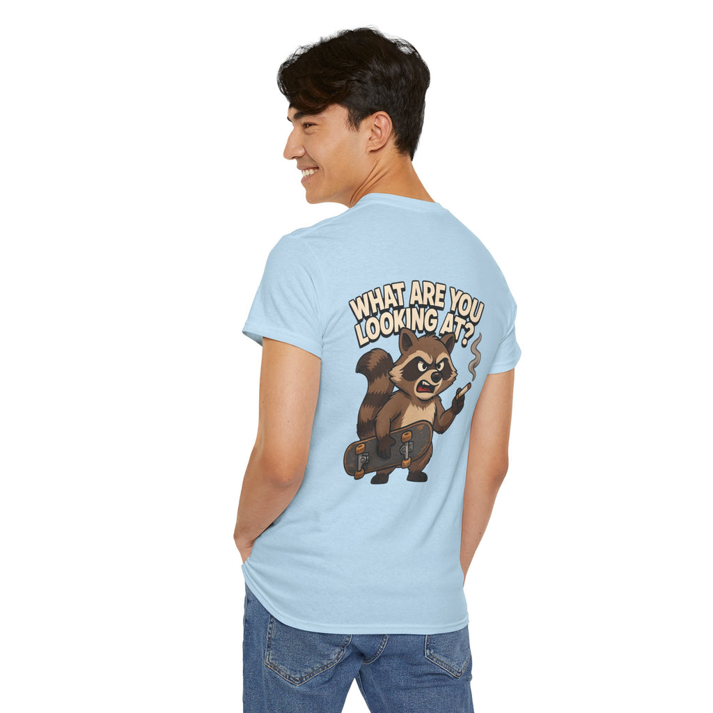 Graphic Tee — "What Are You Looking At?" Raccoon Illustration T-Shirt