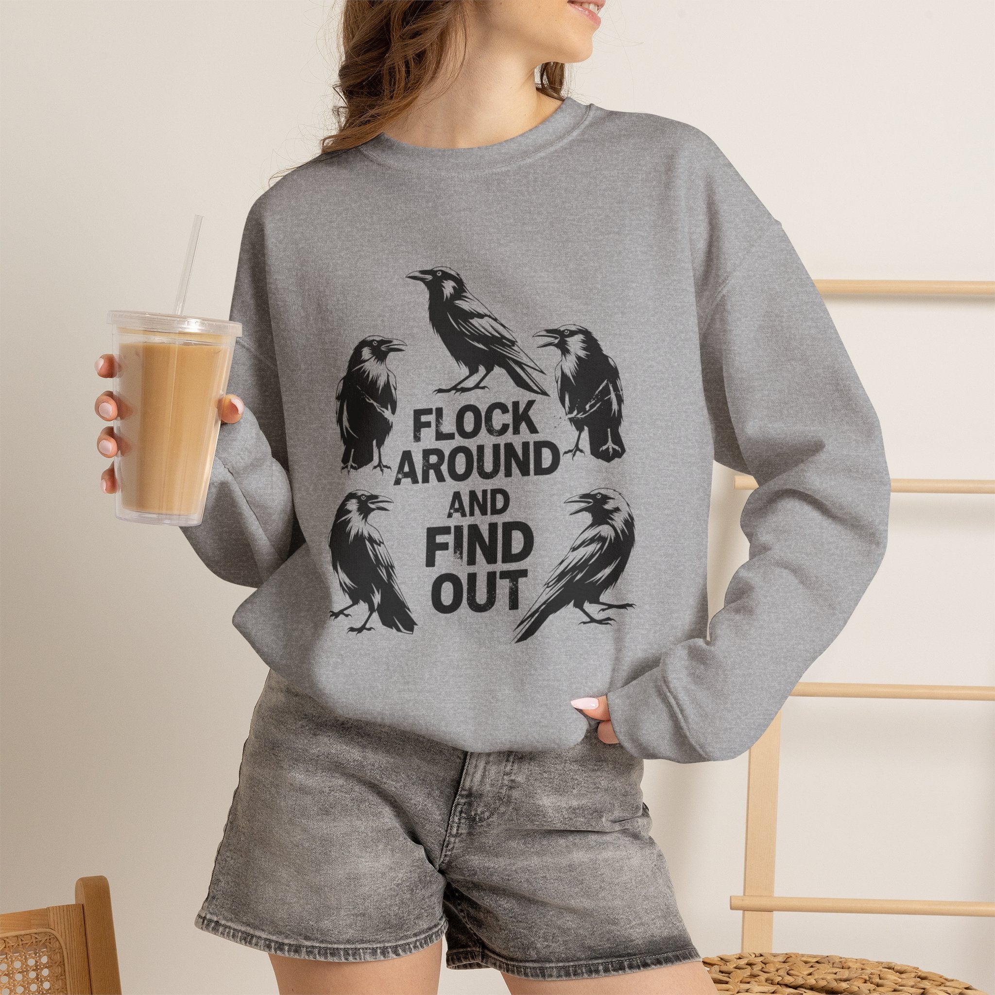 Funny Crow Crewneck Sweatshirt — Flock Around and Find Out Dark Humor Gift Pullover for Women