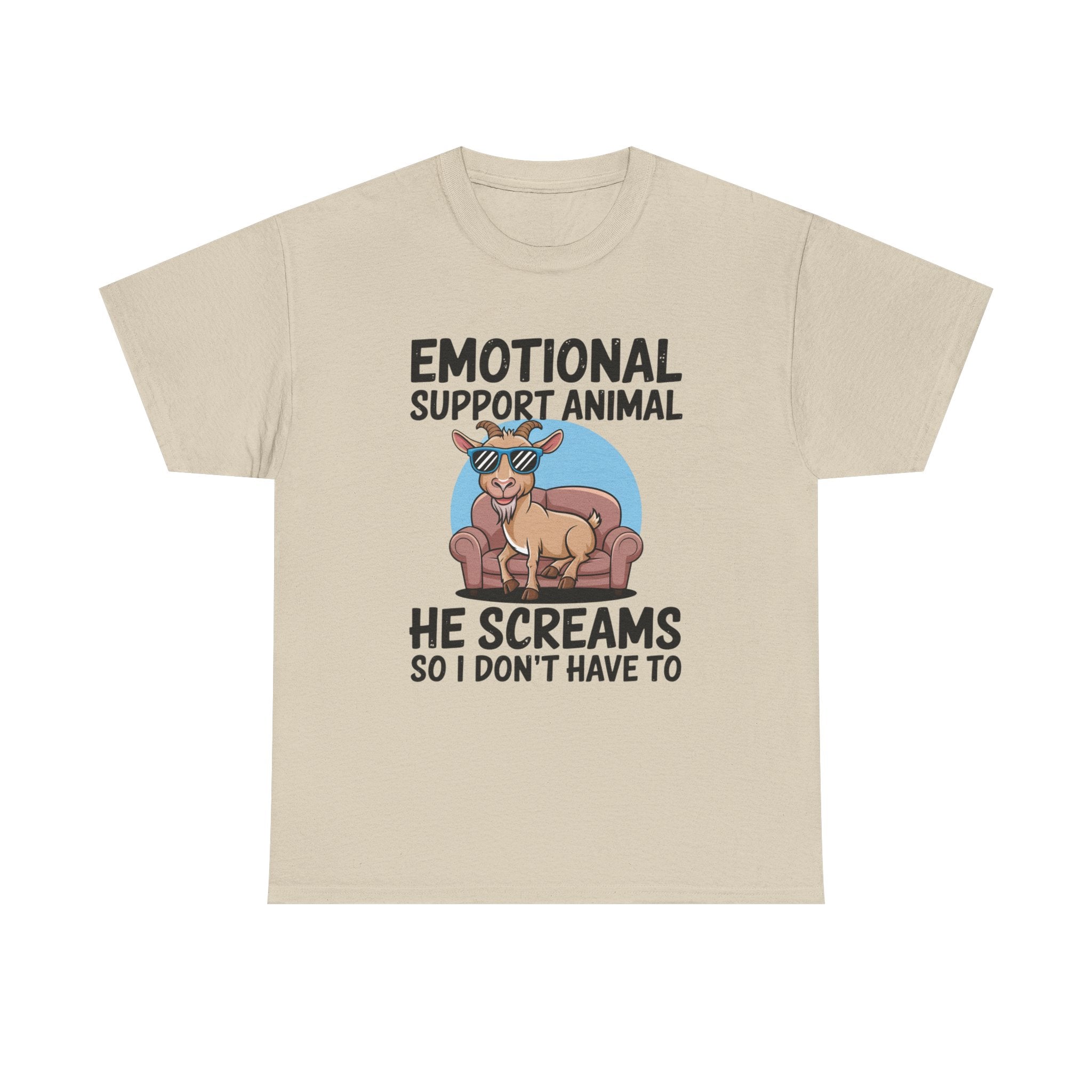 A light beige short-sleeve t-shirt with a graphic print of a cartoon llama wearing sunglasses and sitting on a couch, surrounded by the text 'EMOTIONAL SUPPORT ANIMAL' and 'HE SCREAMS SO I DON'T HAVE TO'.