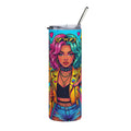 A tall, skinny tumbler with a clear lid and metal straw, featuring a colorful pop-art illustration of a woman with pink and blue hair, sunglasses, a yellow jacket, and blue jeans on a white background.