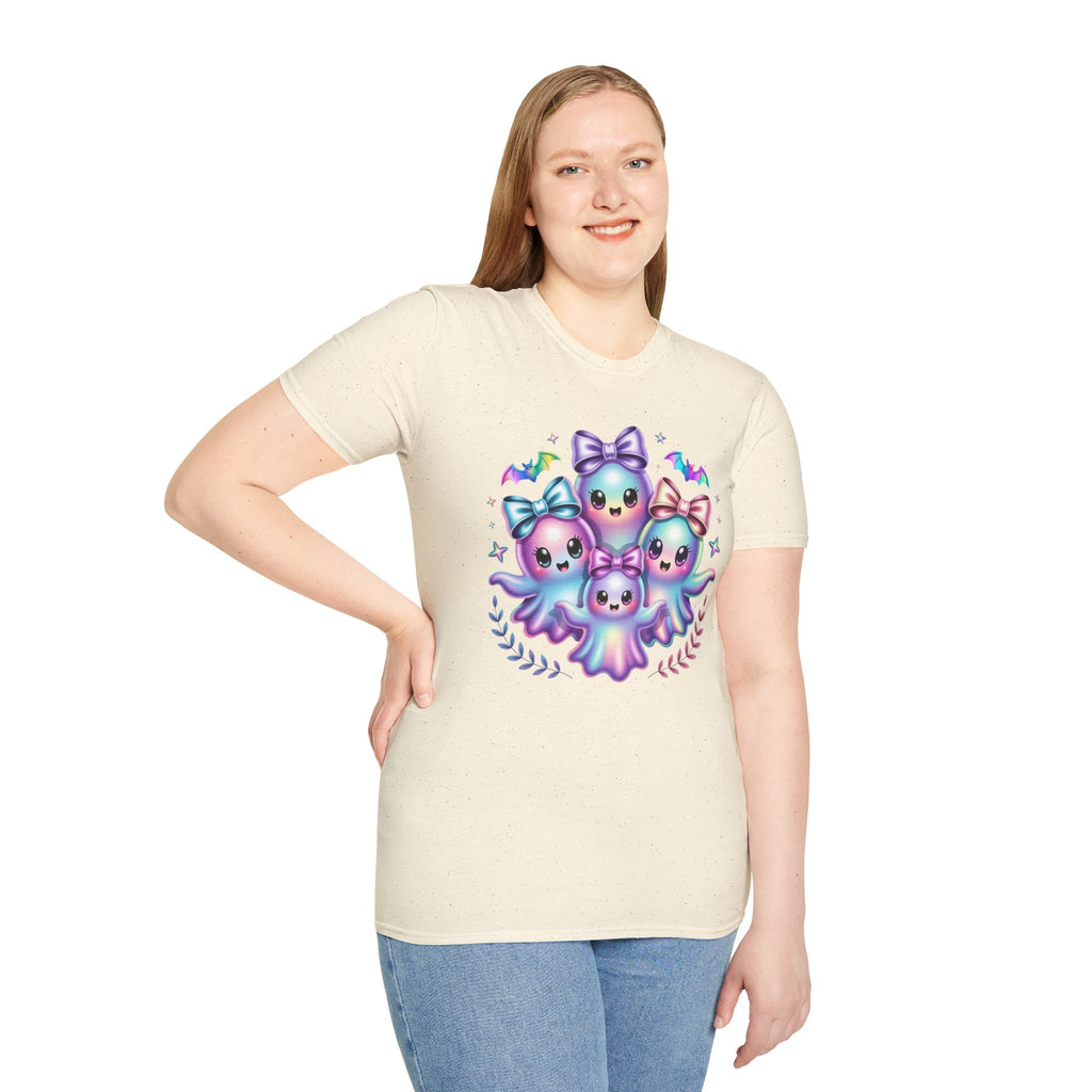 Cute Pastel Ghosts T-Shirt — Kawaii Iridescent Ghost Trio with Bows