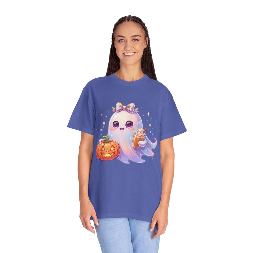Cute Halloween Ghost T-Shirt — Kawaii Pumpkin & Candy Drink Graphic