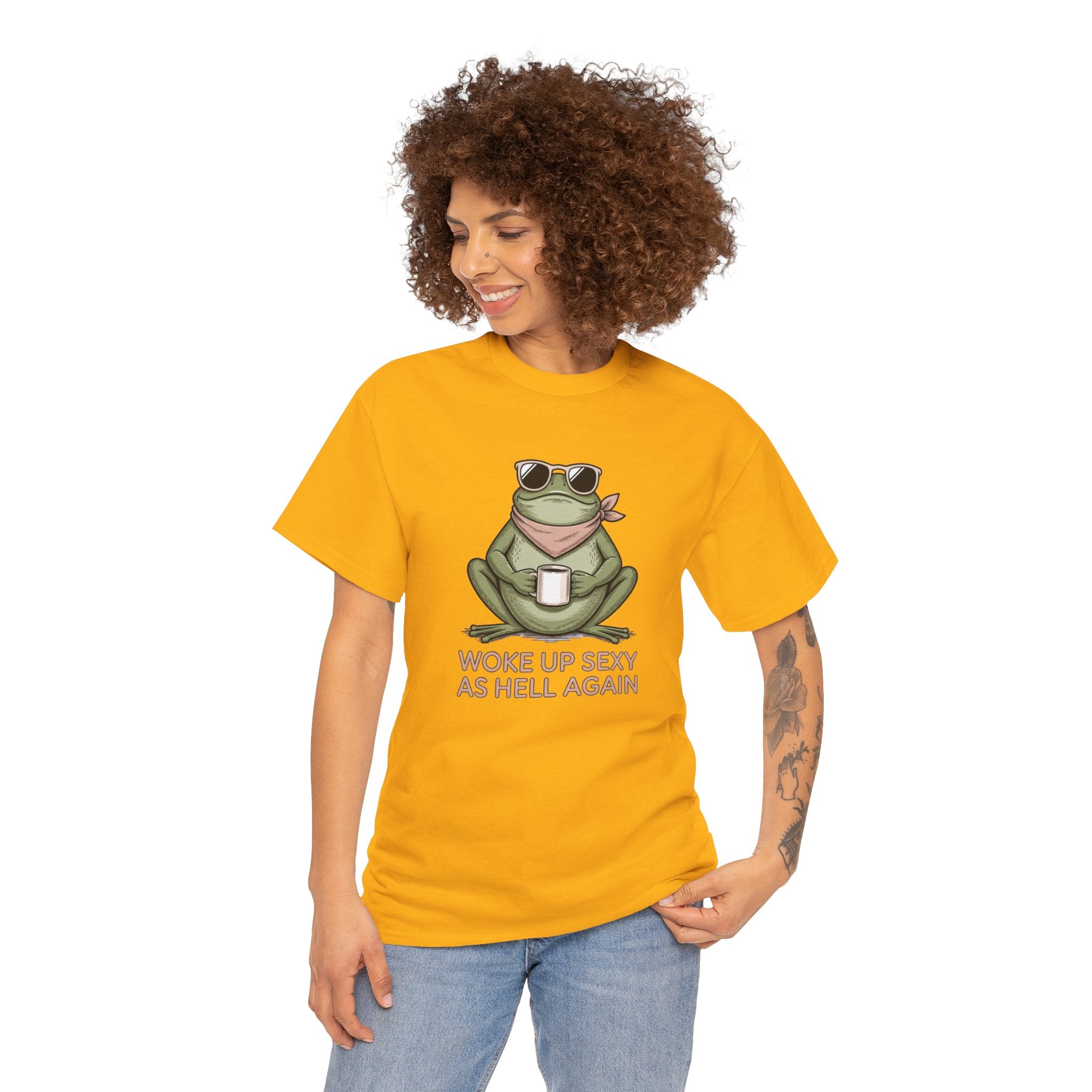 Frog Mug Graphic Tee — "Woke Up Sexy As Hell Again" Cotton T-Shirt