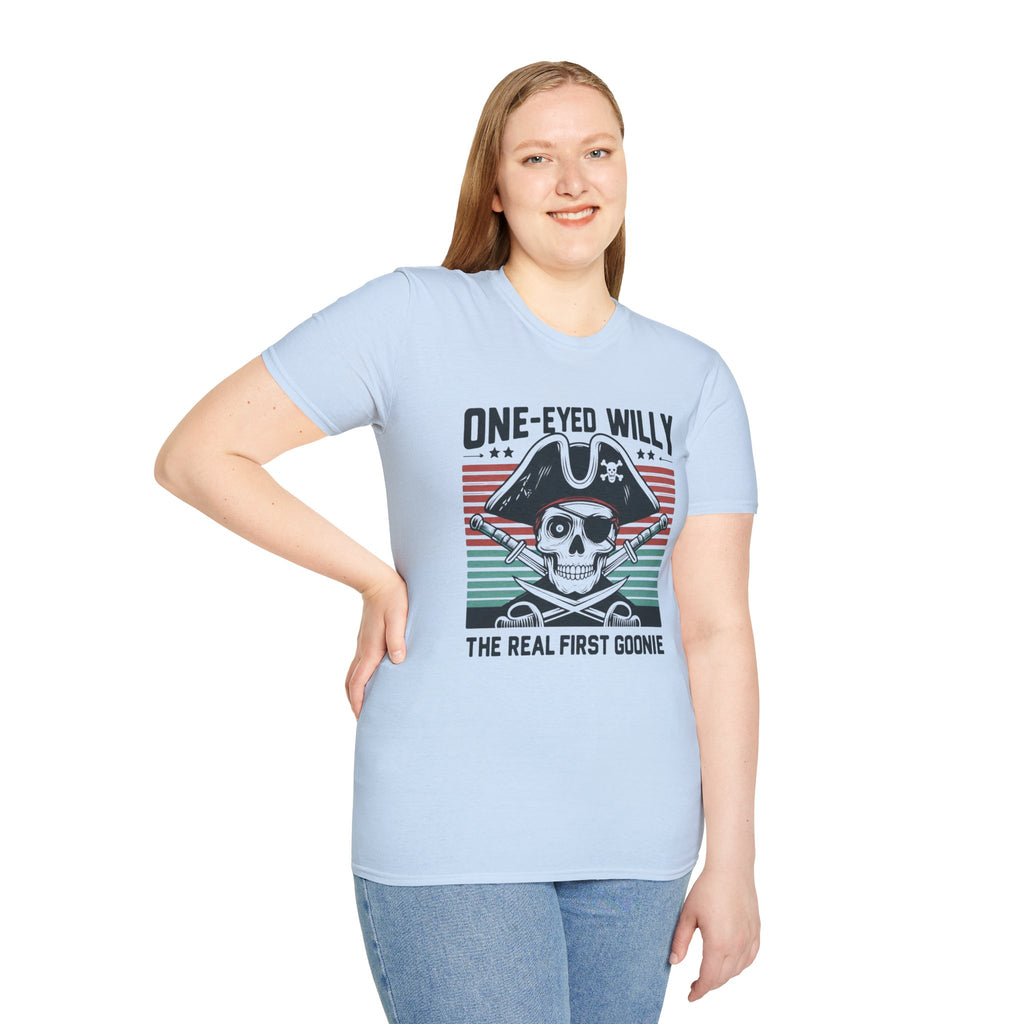One-Eyed Willy Skull T-Shirt — Vintage Pirate 'The Real First Goonie' Tee