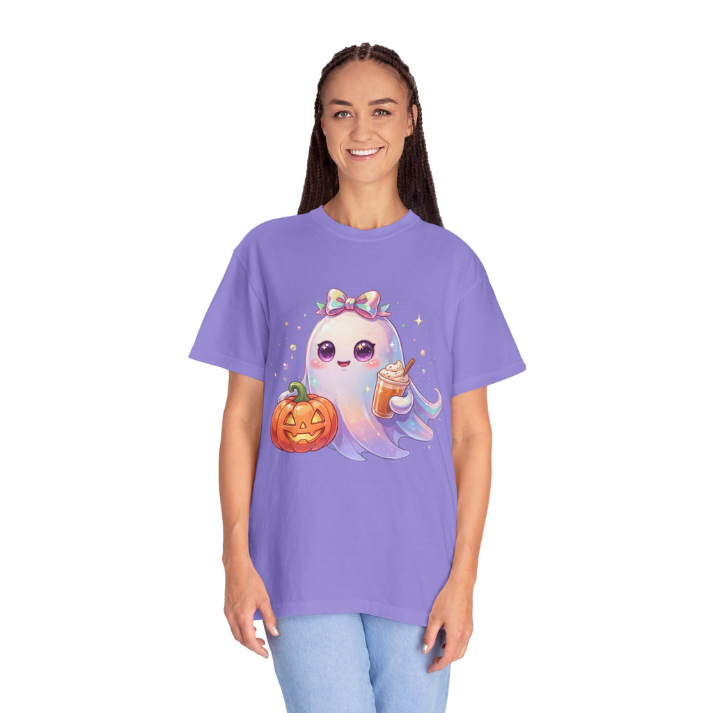 Cute Halloween Ghost T-Shirt — Kawaii Pumpkin & Candy Drink Graphic