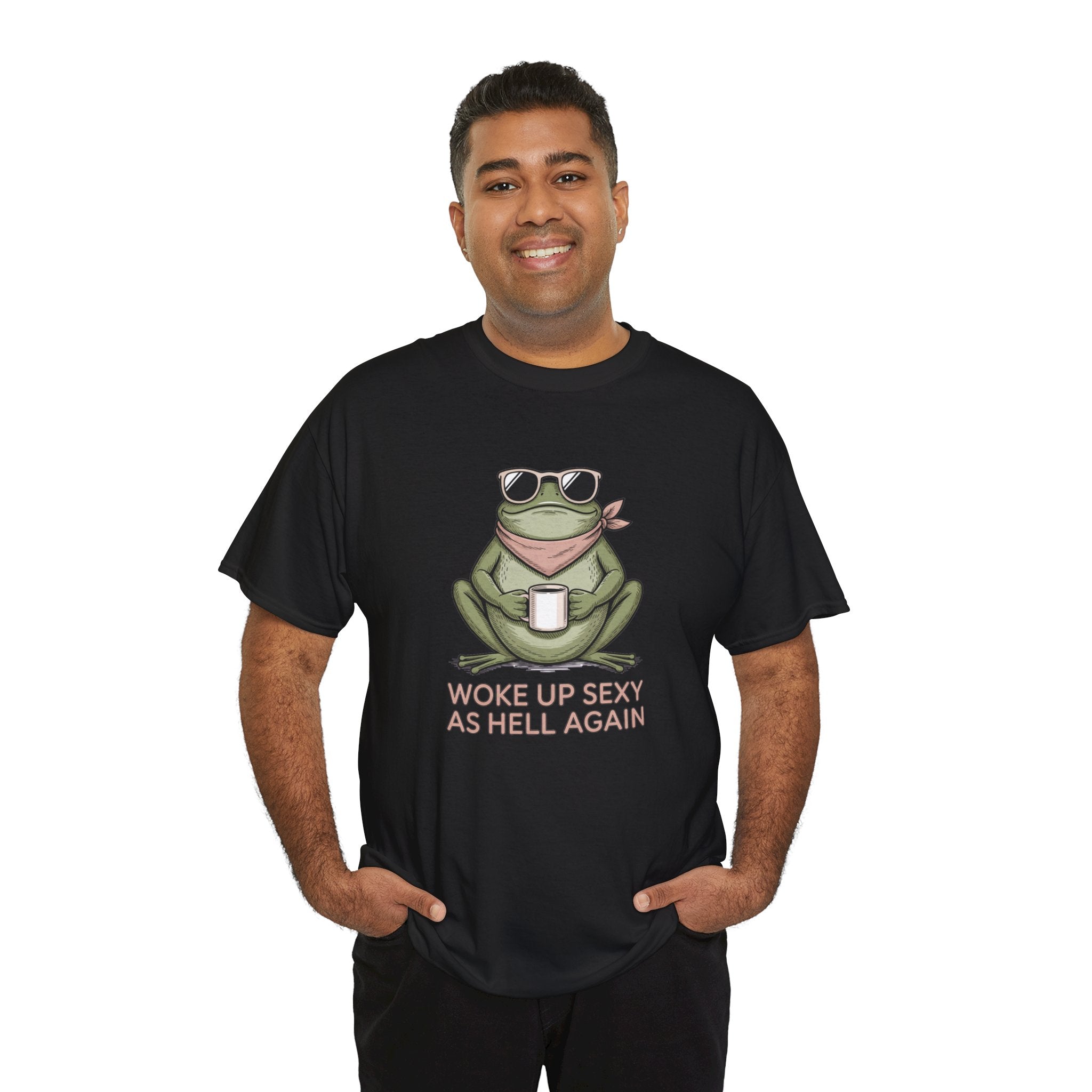 Frog Mug Graphic Tee — "Woke Up Sexy As Hell Again" Cotton T-Shirt