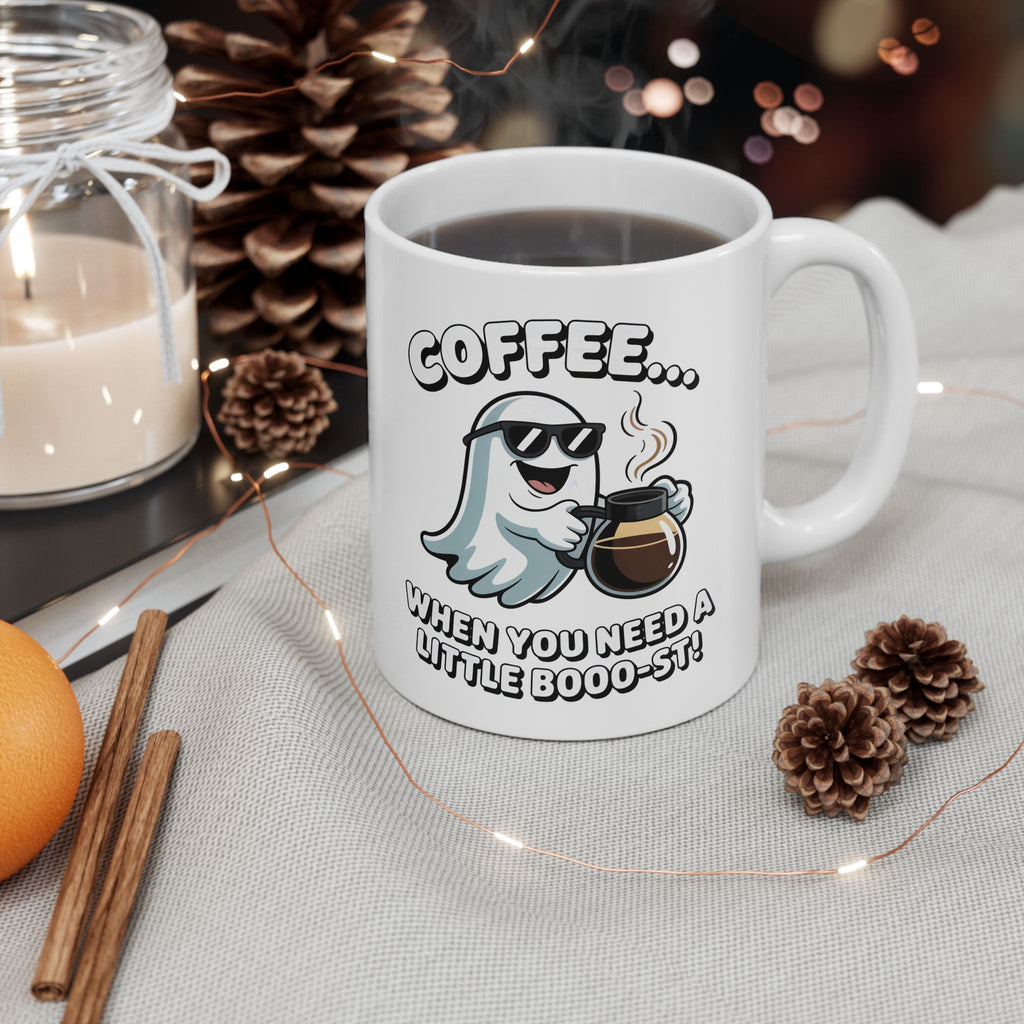 Coffee Ghost Ceramic Mug – Cute Ghost Saying "When you Need A Little Boost" (11oz & 15oz)