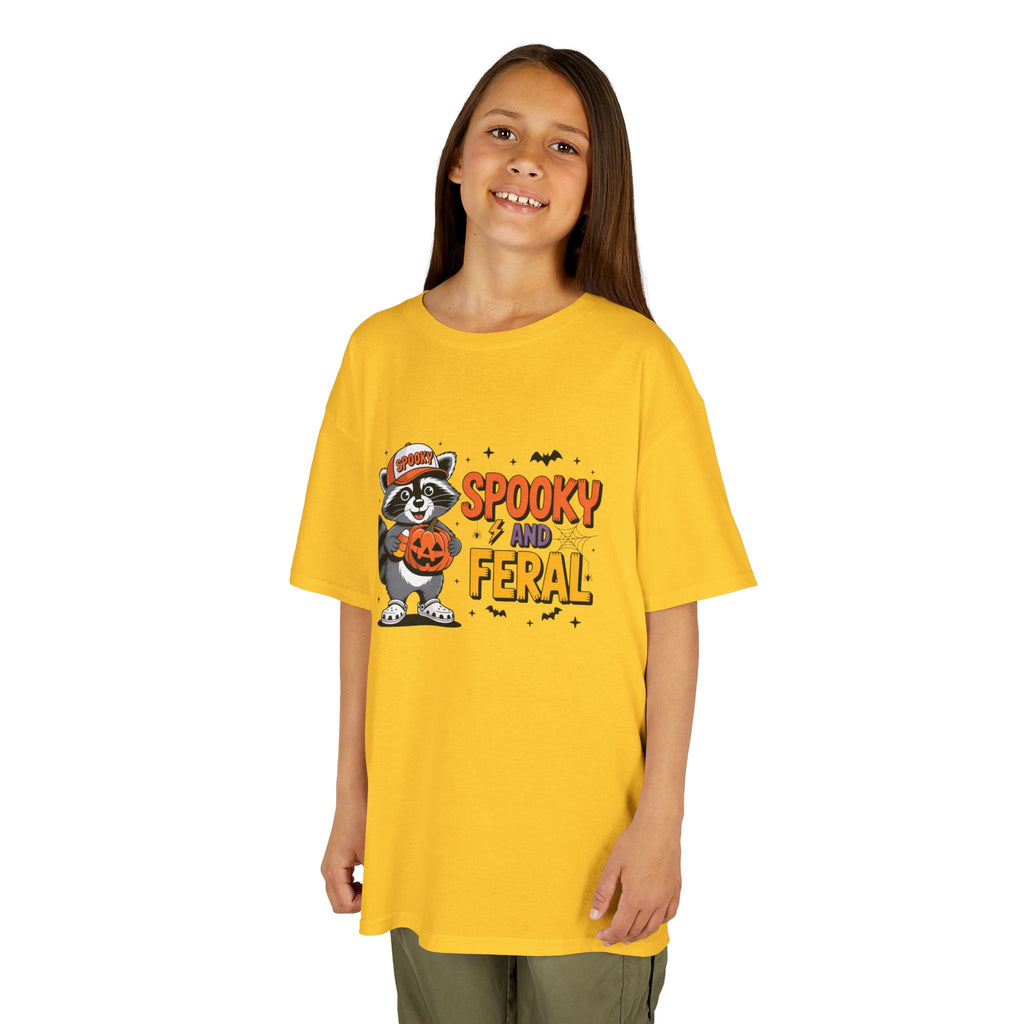 Kids Tee — "Spooky and Feral" Halloween Raccoon Pumpkin Shirt
