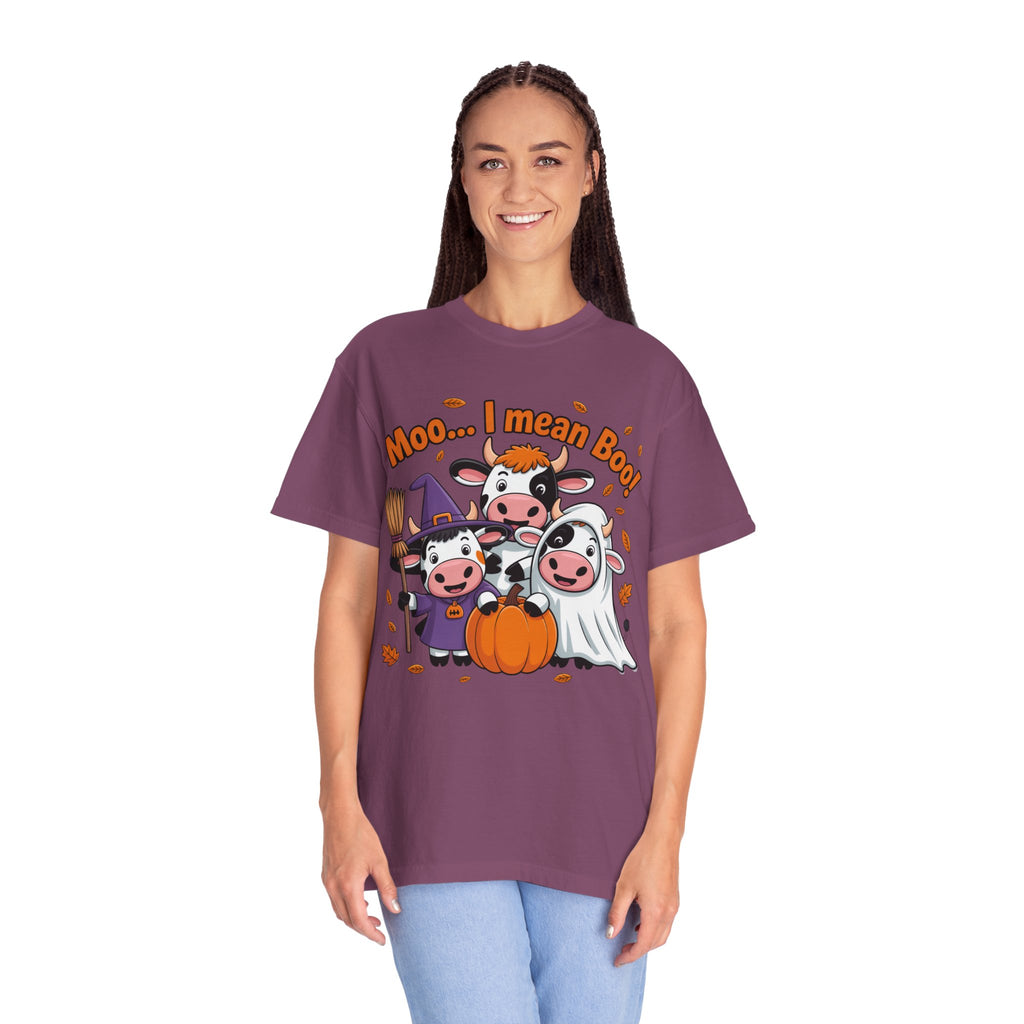 Halloween Cow T-Shirt – “Moo... I mean Boo!” Cute Pumpkin & Witch Cows Graphic Tee