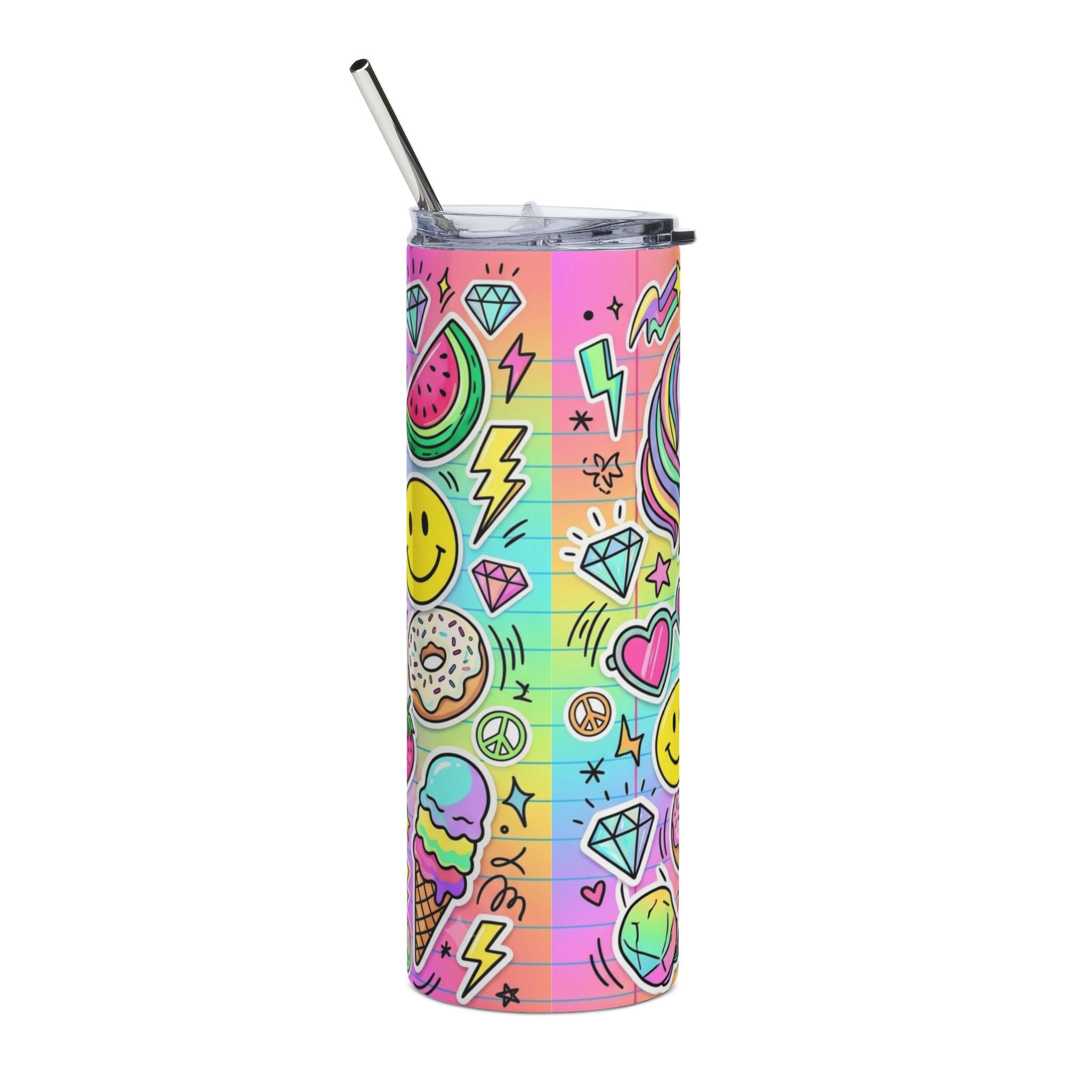 A tall, skinny tumbler with a clear lid and metal straw, decorated with a colorful pastel pattern of cartoon icons including smiley faces, watermelons, ice cream cones, diamonds, and lightning bolts.