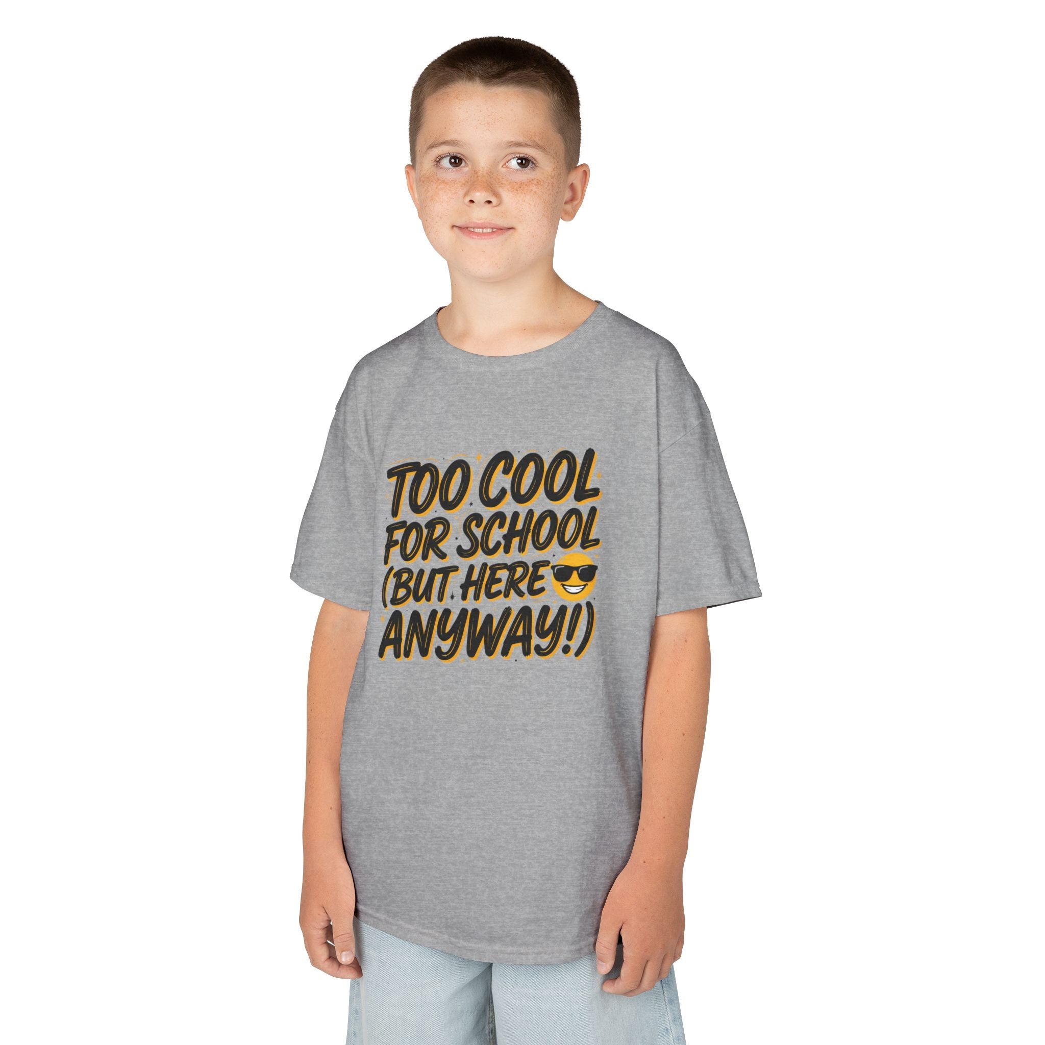 Kids T‑Shirt — "Too Cool for School (But Here Anyway!)" Graphic Tee, Back‑to‑School Funny Shirt for Kids