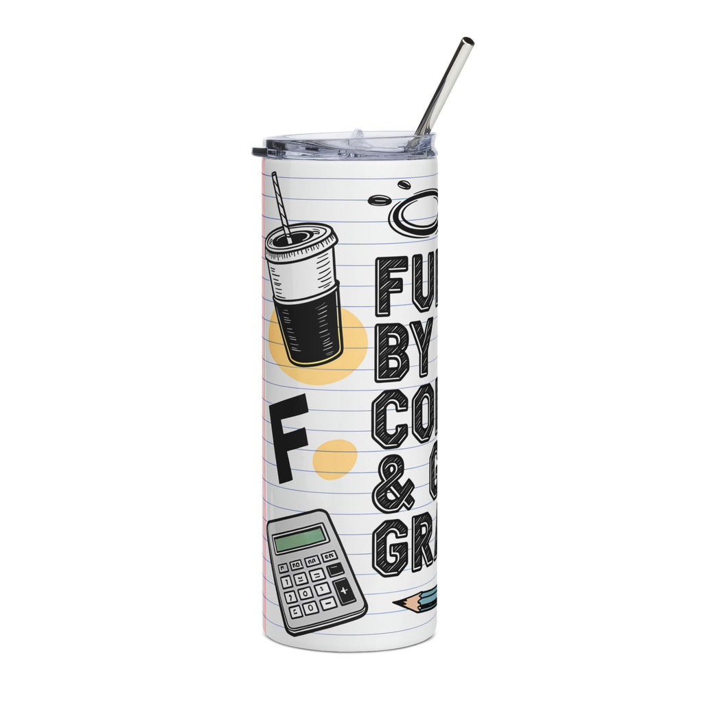 A white insulated tumbler with a clear lid and metal straw, printed with a notebook-line pattern, coffee cup, calculator, and bold text reading 'FUCK BY COM & GRAD'.