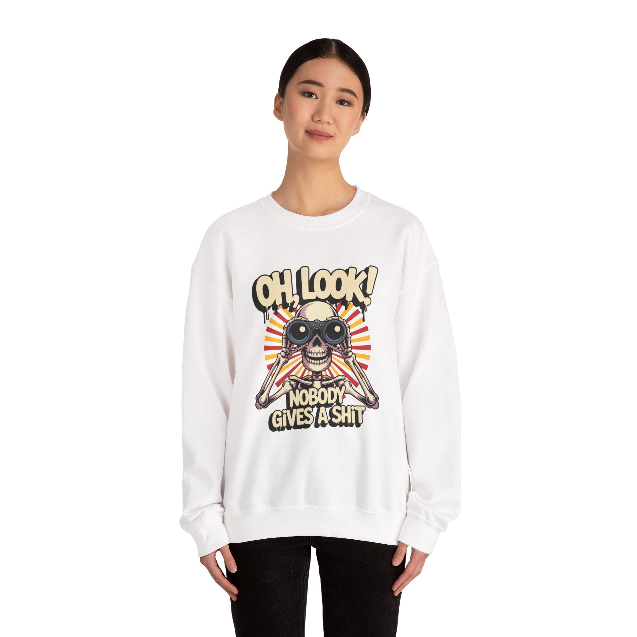 Crewneck Sweatshirt — 'Oh, Look! Nobody Gives a Shit' Skull Binoculars Graphic