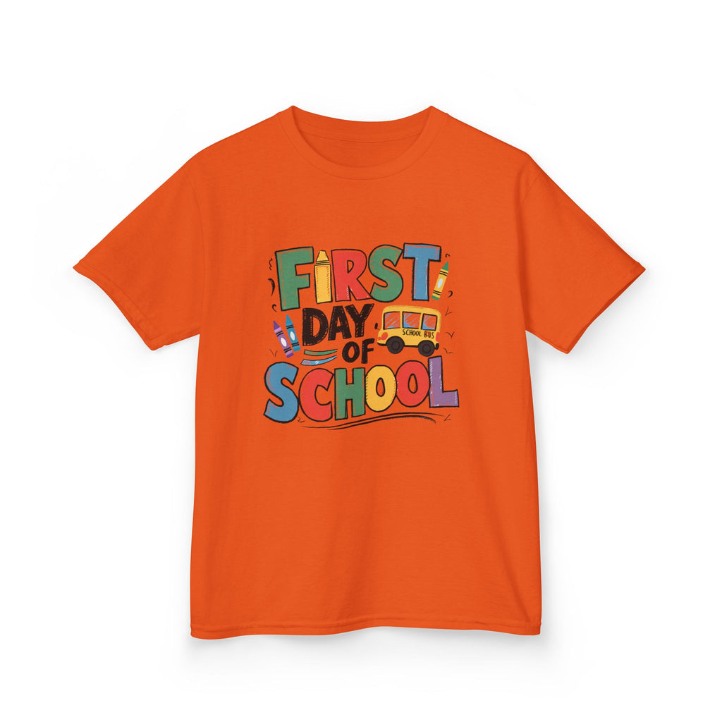 First Day of School Kids T-Shirt — Colorful Back-to-School Tee with School Bus Design