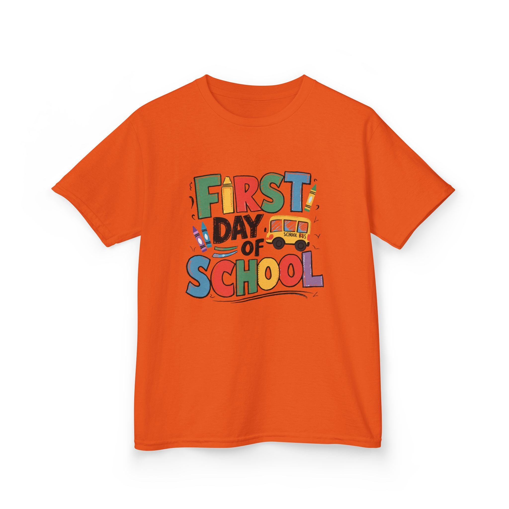 First Day of School Kids T-Shirt — Colorful Back-to-School Tee with School Bus Design