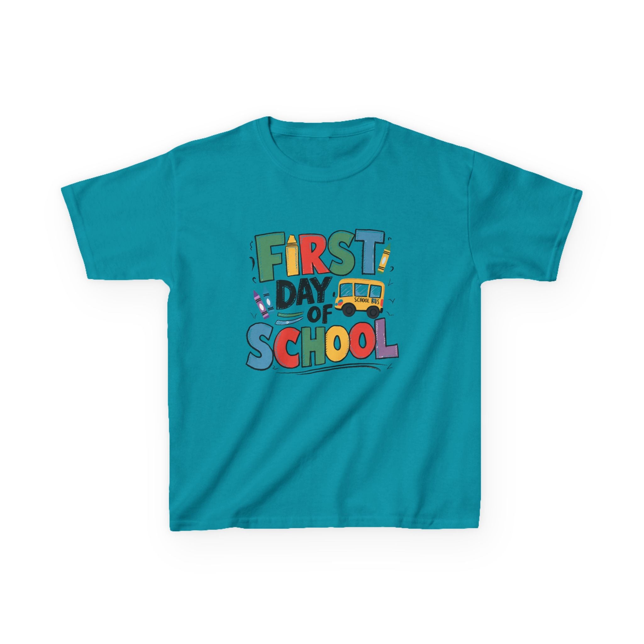 First Day of School Kids T-Shirt — Colorful Back-to-School Tee with School Bus Design