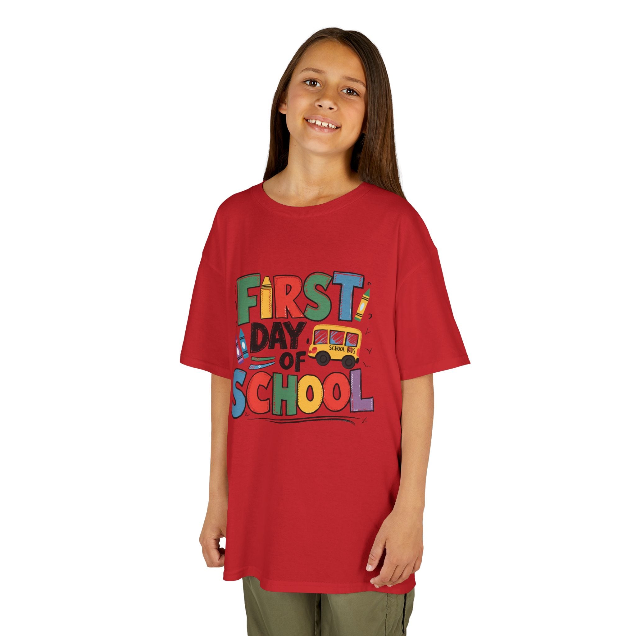 First Day of School Kids T-Shirt — Colorful Back-to-School Tee with School Bus Design
