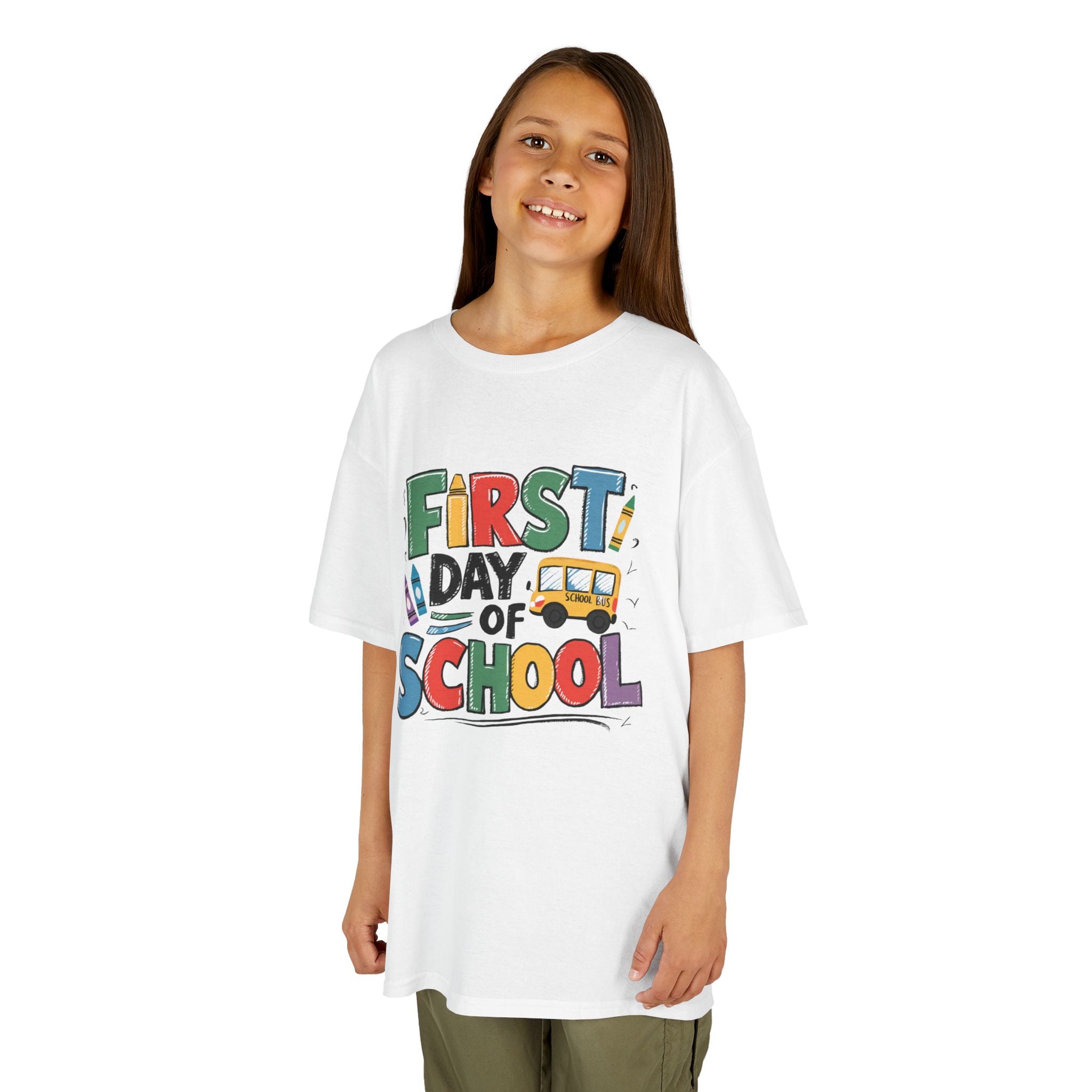 First Day of School Kids T-Shirt — Colorful Back-to-School Tee with School Bus Design