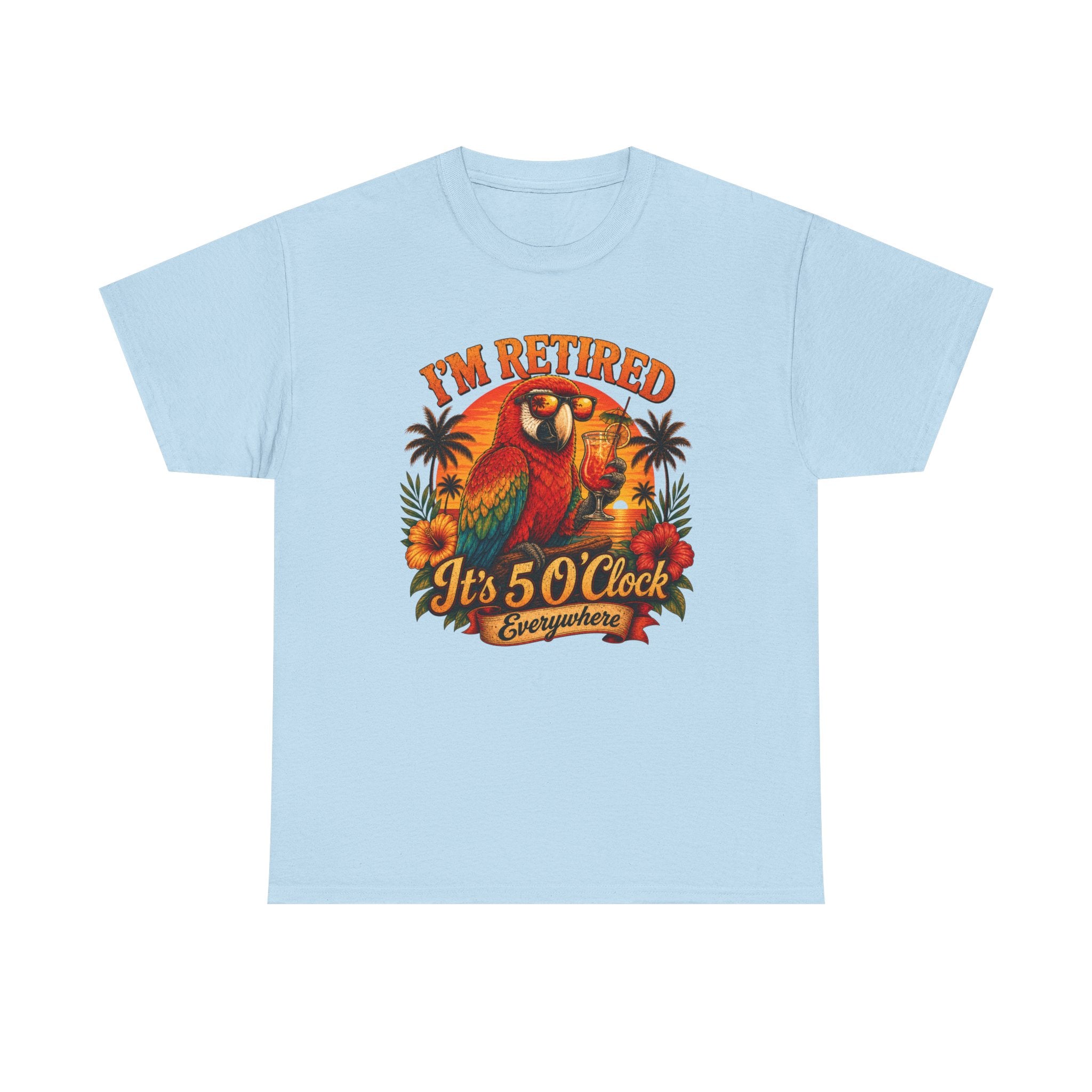 Funny Retirement T-Shirt — It's 5 O'Clock Everywhere Parrot Gift Tee for Retirees