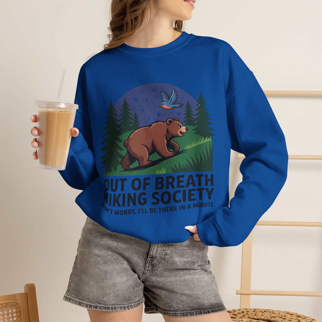 Out of Breath Hiking Society Crewneck Sweatshirt — Funny Bear Camping Graphic