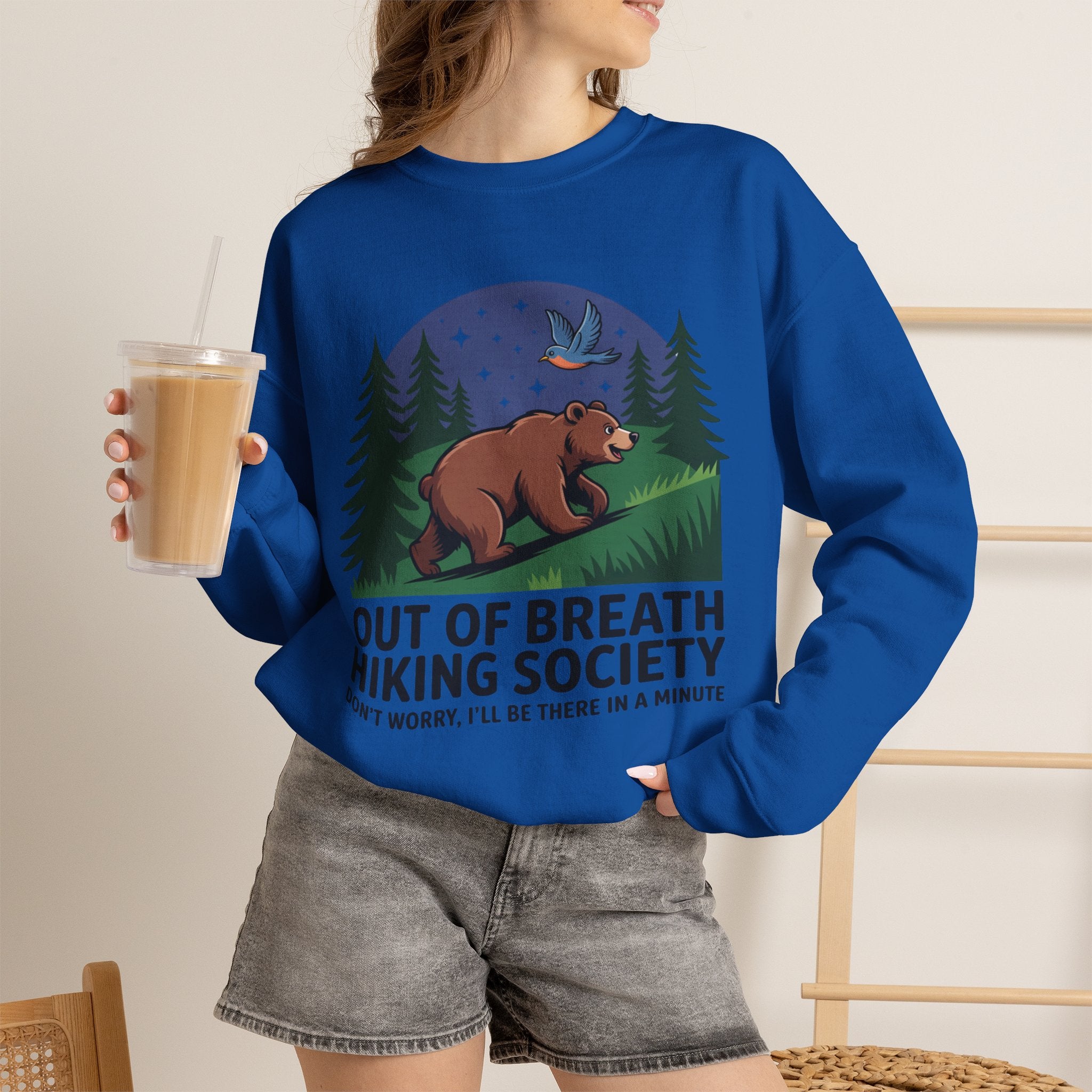 Out of Breath Hiking Society Crewneck Sweatshirt — Funny Bear Camping Graphic