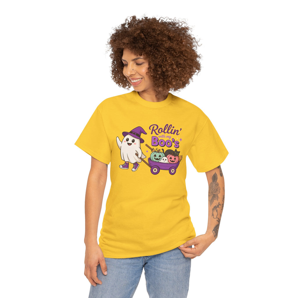 Rollin' Boo's Halloween Tee — Cute Ghost Wagon Pumpkin Kids Shirt