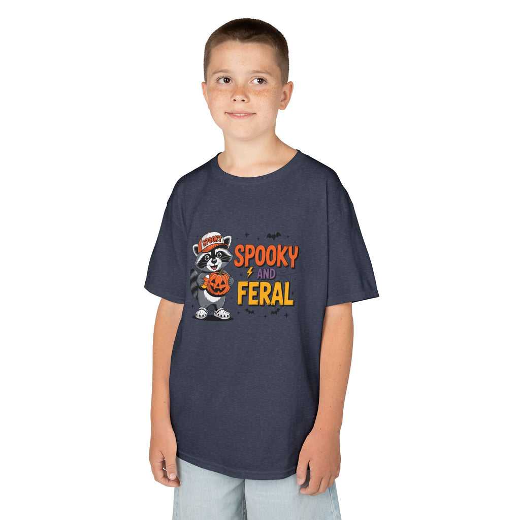 Kids Tee — "Spooky and Feral" Halloween Raccoon Pumpkin Shirt
