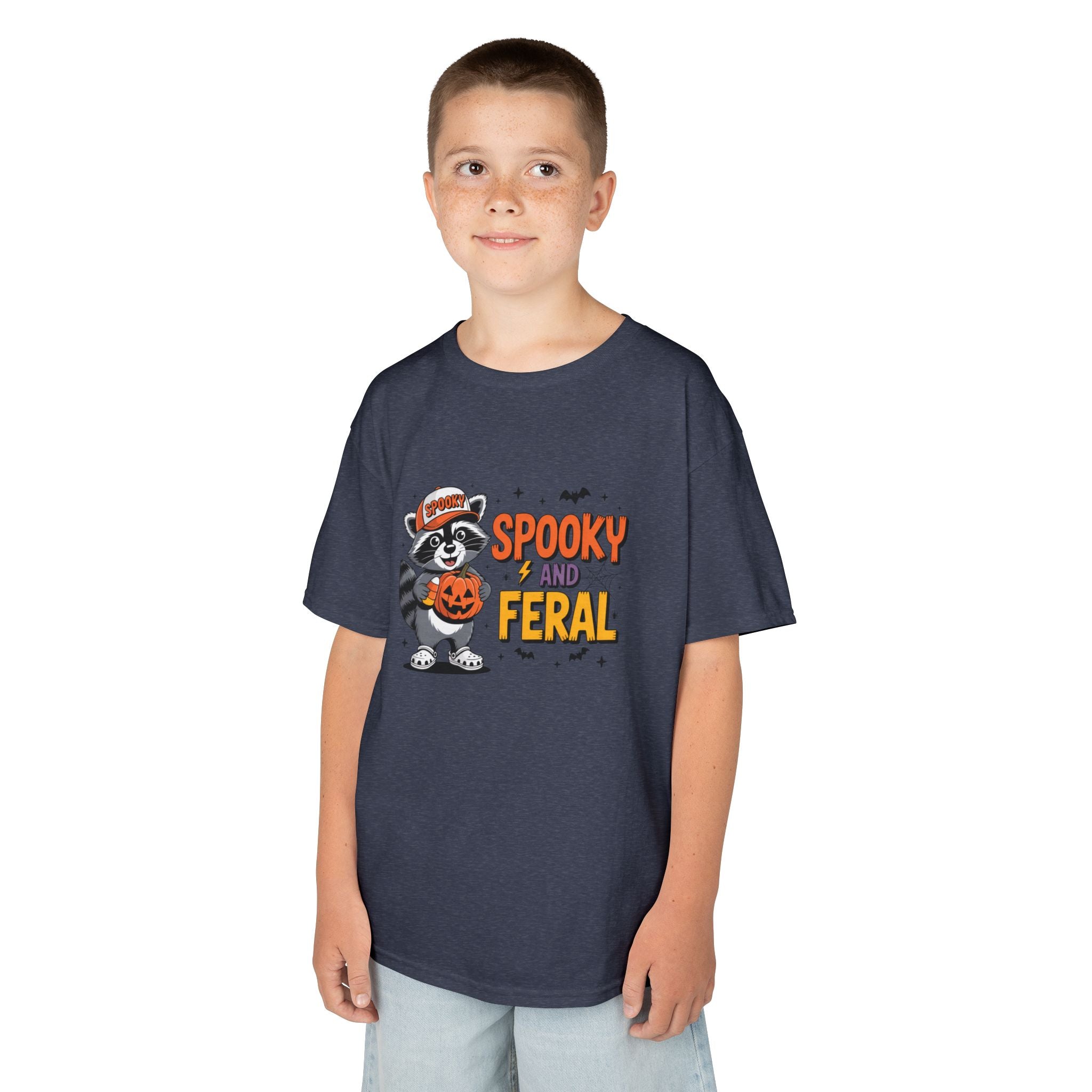 Kids Tee — "Spooky and Feral" Halloween Raccoon Pumpkin Shirt