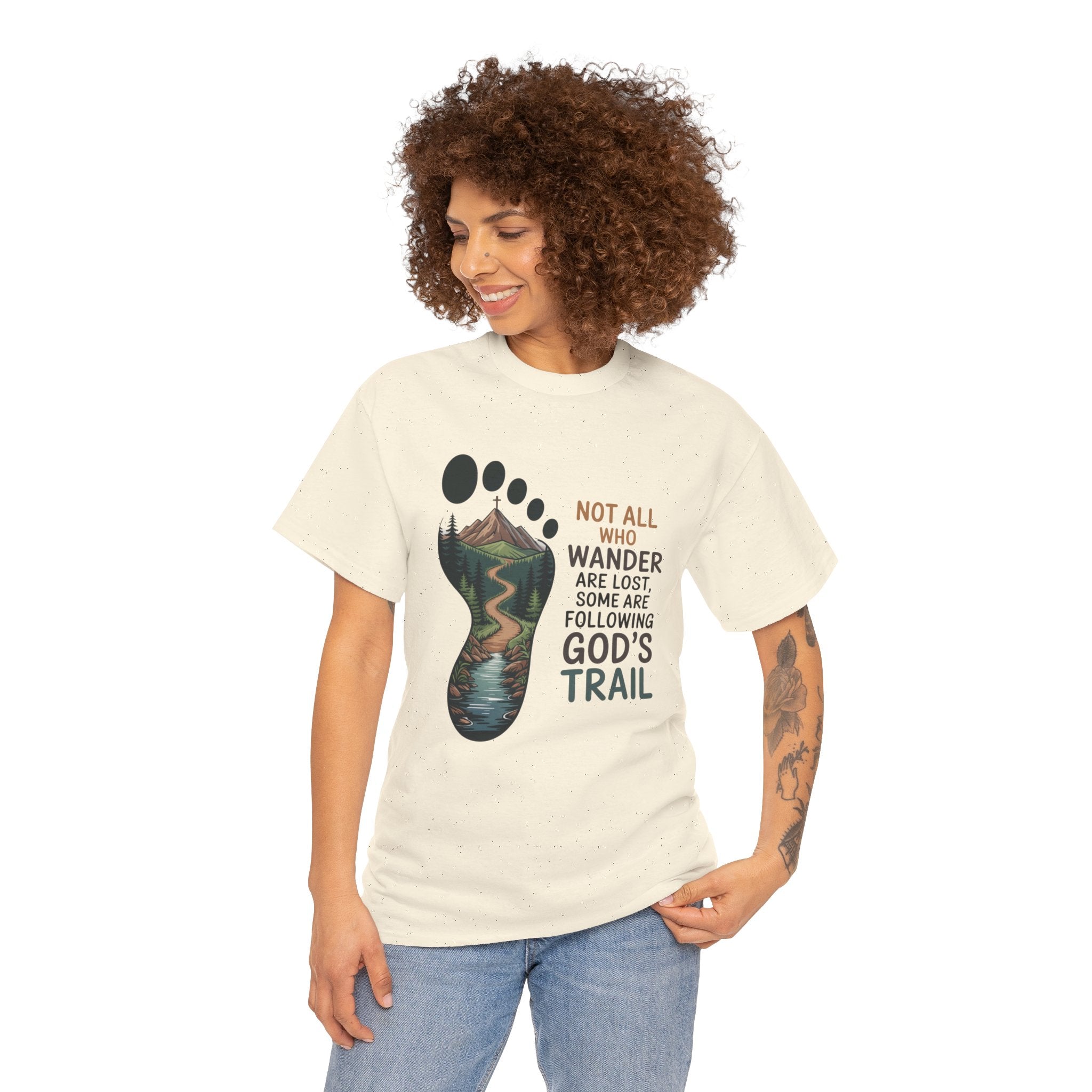God's Trail Footprint T-Shirt — Christian Hiking Tee ("Not All Who Wander...")