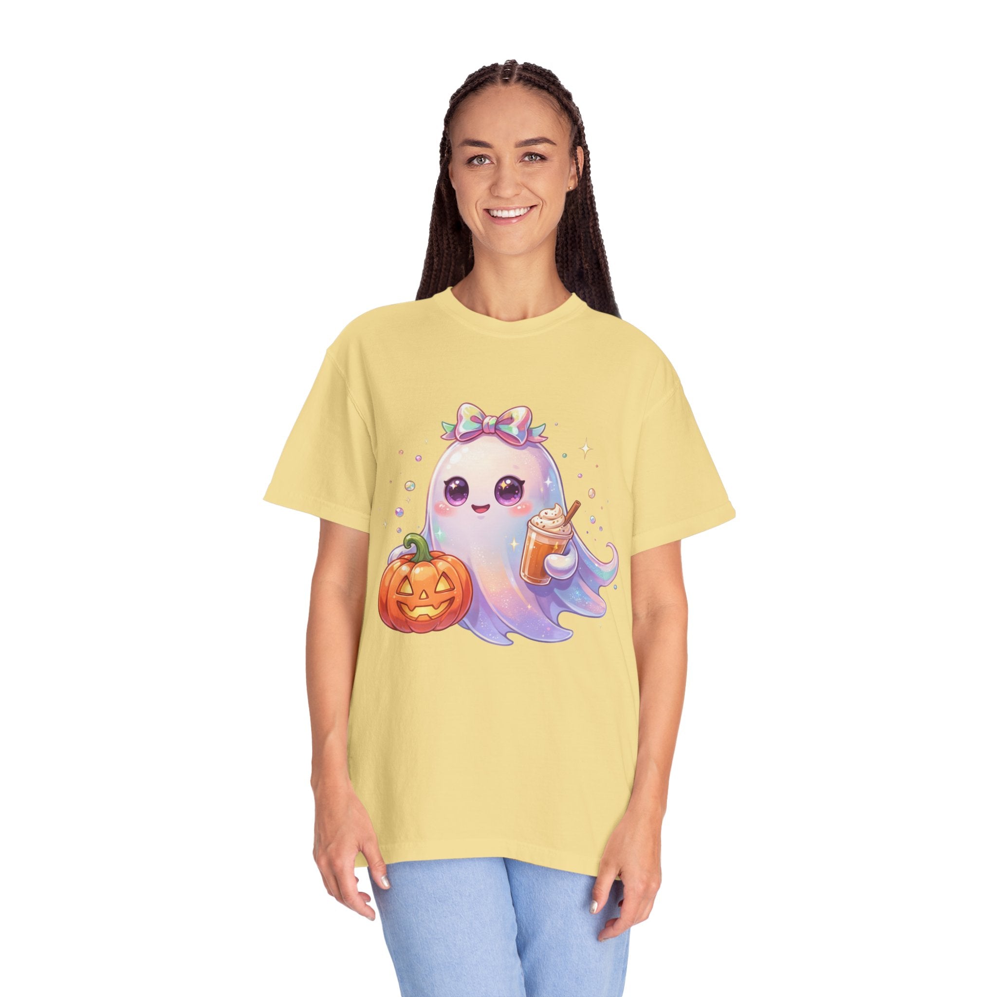 Cute Halloween Ghost T-Shirt — Kawaii Pumpkin & Candy Drink Graphic