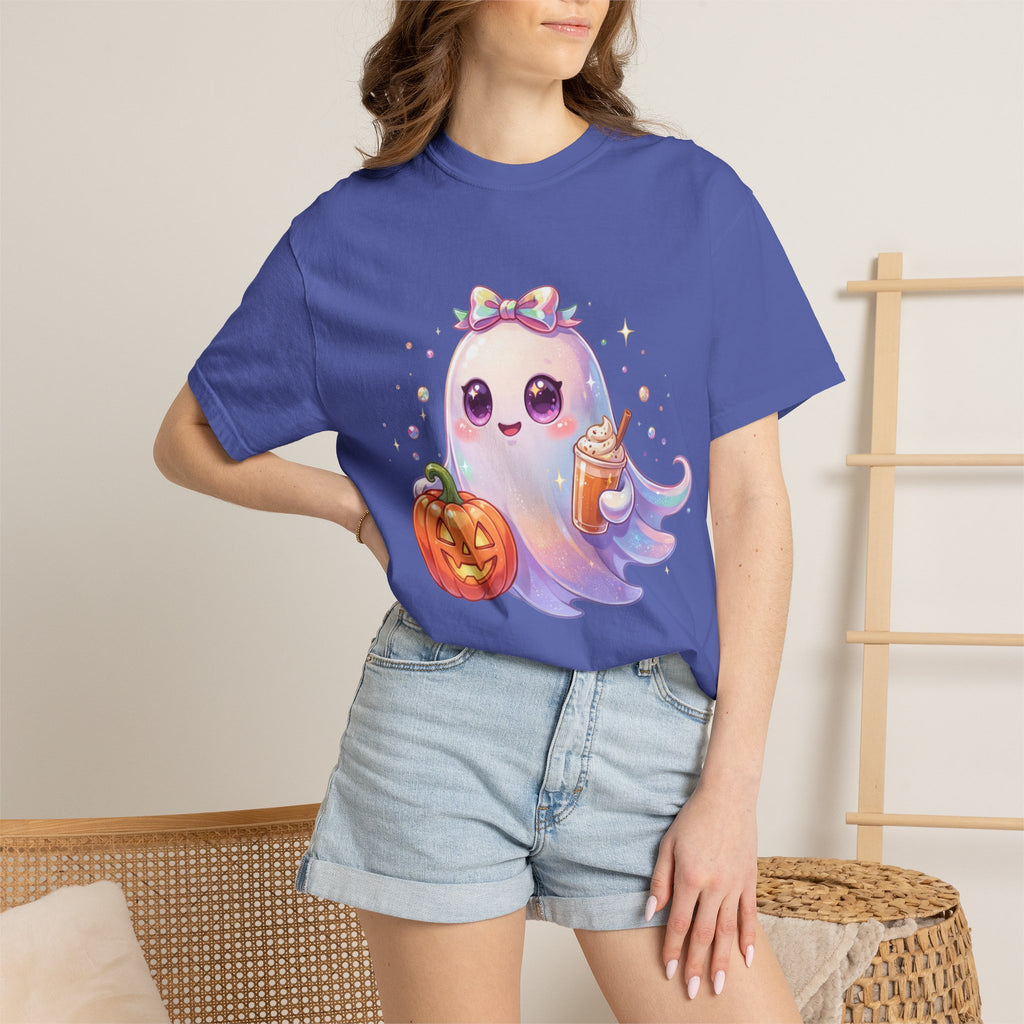 Cute Halloween Ghost T-Shirt — Kawaii Pumpkin & Candy Drink Graphic