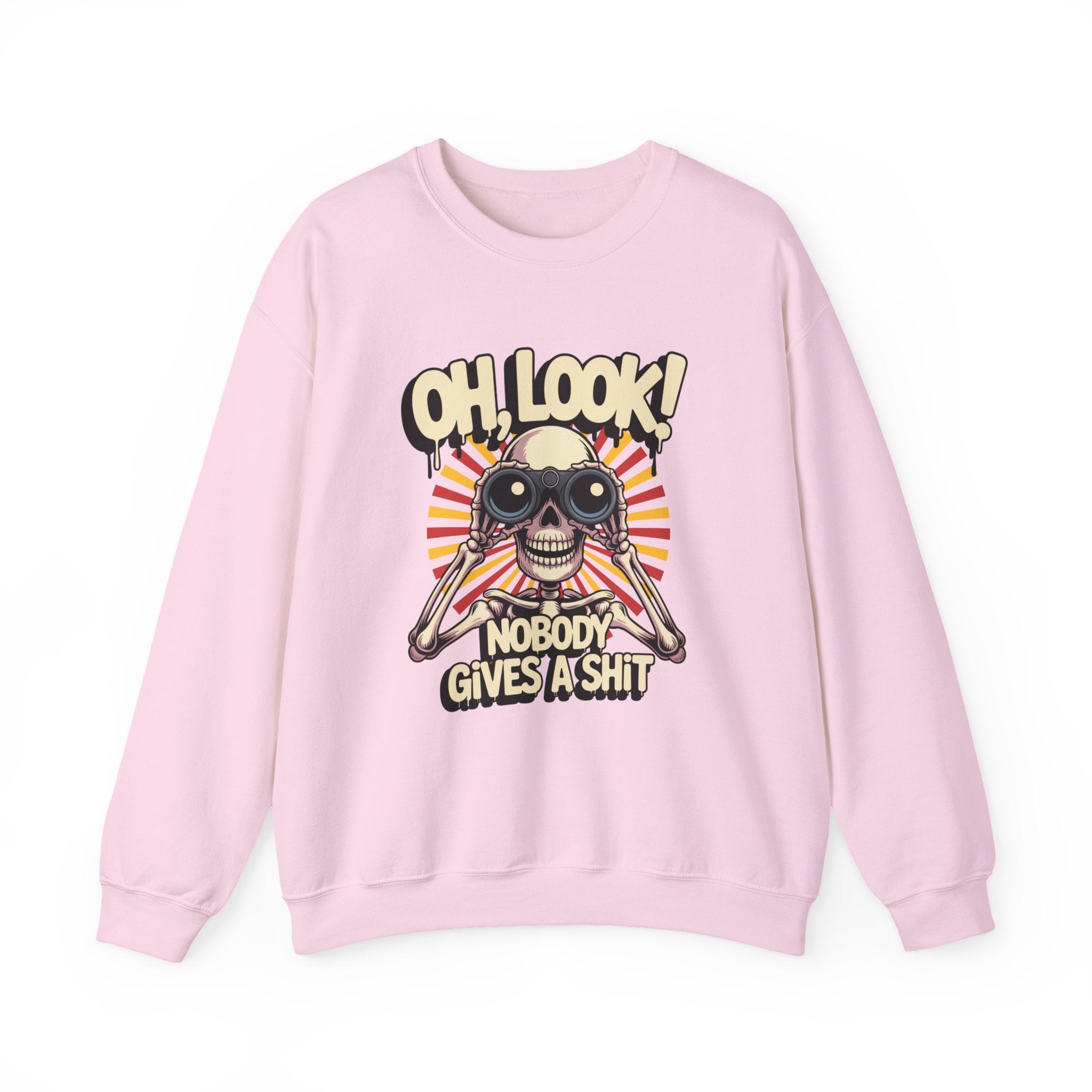 Crewneck Sweatshirt — 'Oh, Look! Nobody Gives a Shit' Skull Binoculars Graphic