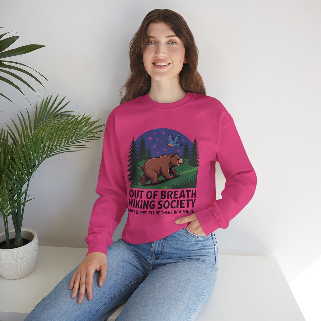 Out of Breath Hiking Society Crewneck Sweatshirt — Funny Bear Camping Graphic