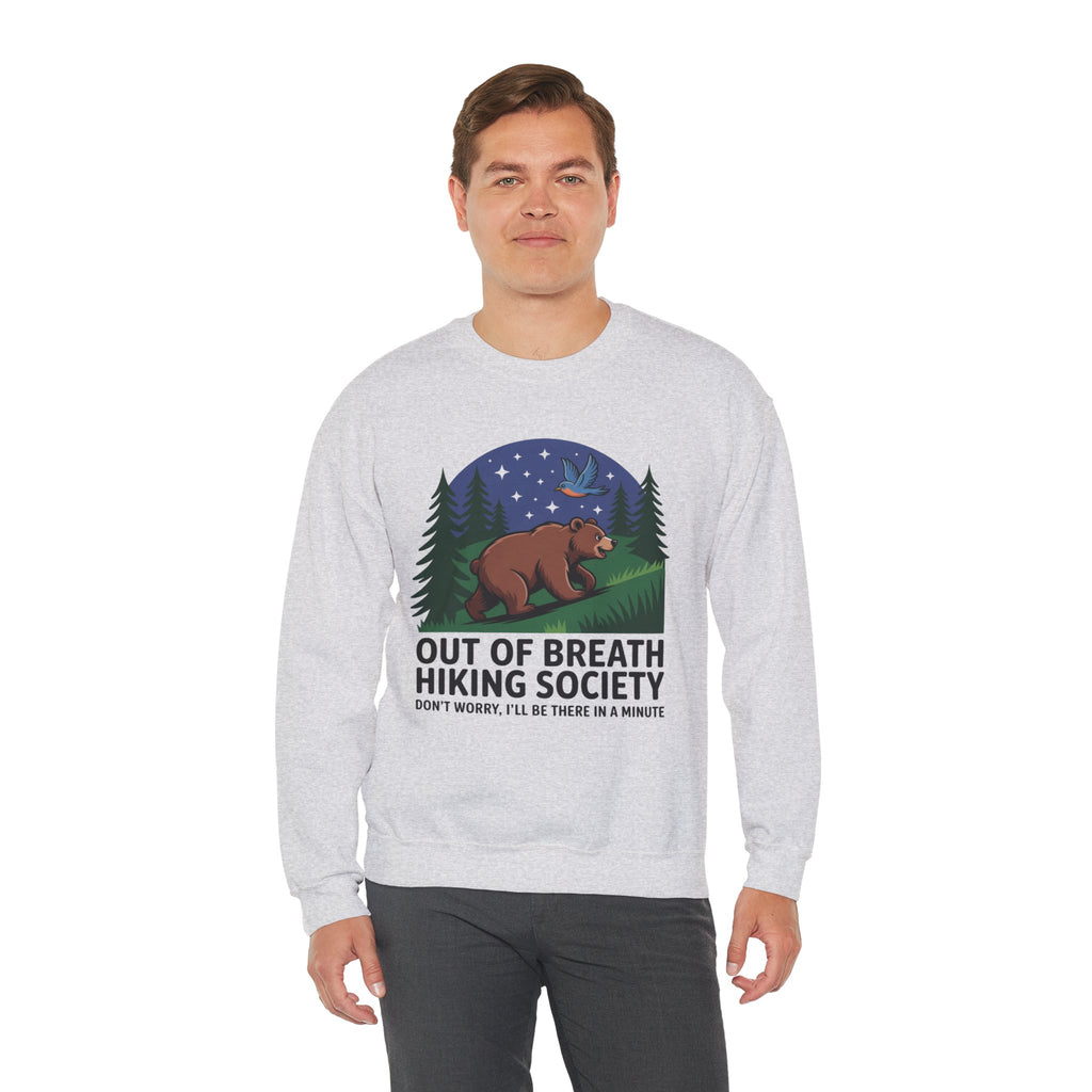 Out of Breath Hiking Society Crewneck Sweatshirt — Funny Bear Camping Graphic