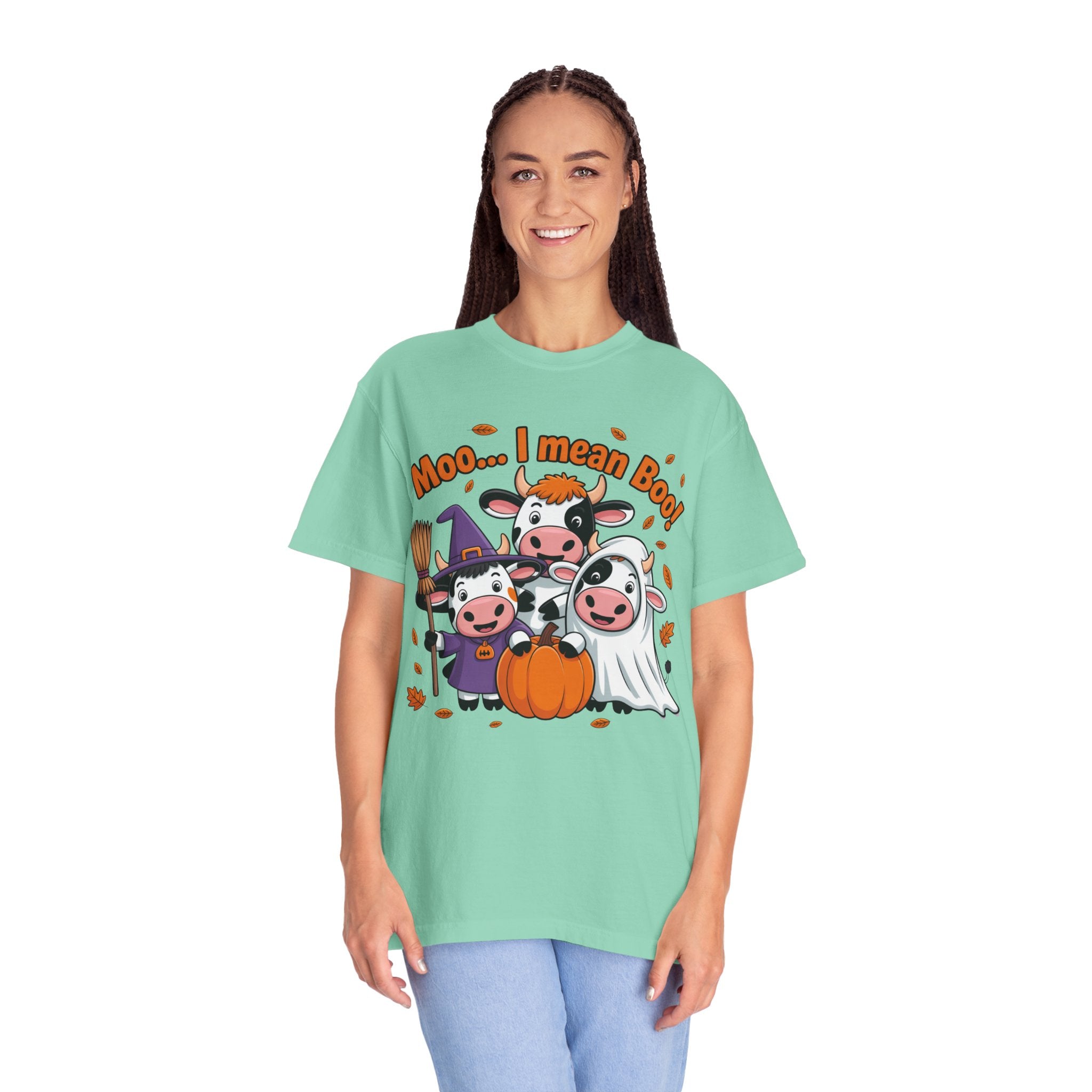 Halloween Cow T-Shirt – “Moo... I mean Boo!” Cute Pumpkin & Witch Cows Graphic Tee