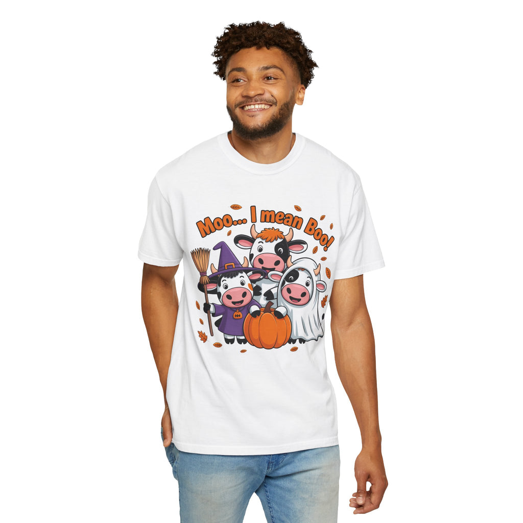 Halloween Cow T-Shirt – “Moo... I mean Boo!” Cute Pumpkin & Witch Cows Graphic Tee