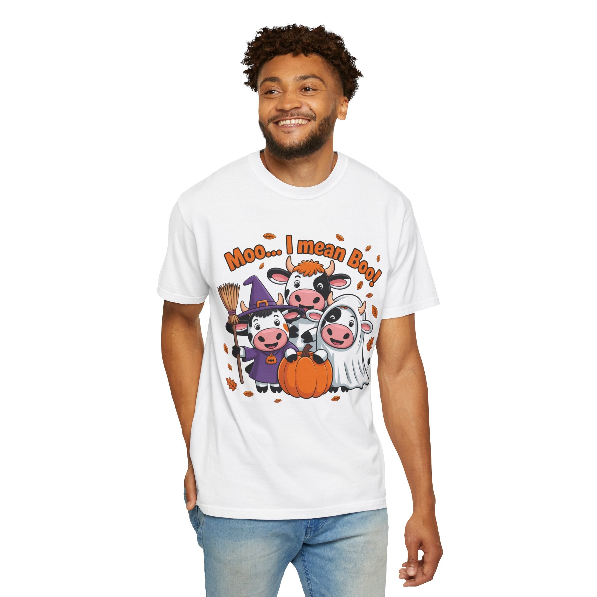 Halloween Cow T-Shirt – “Moo... I mean Boo!” Cute Pumpkin & Witch Cows Graphic Tee