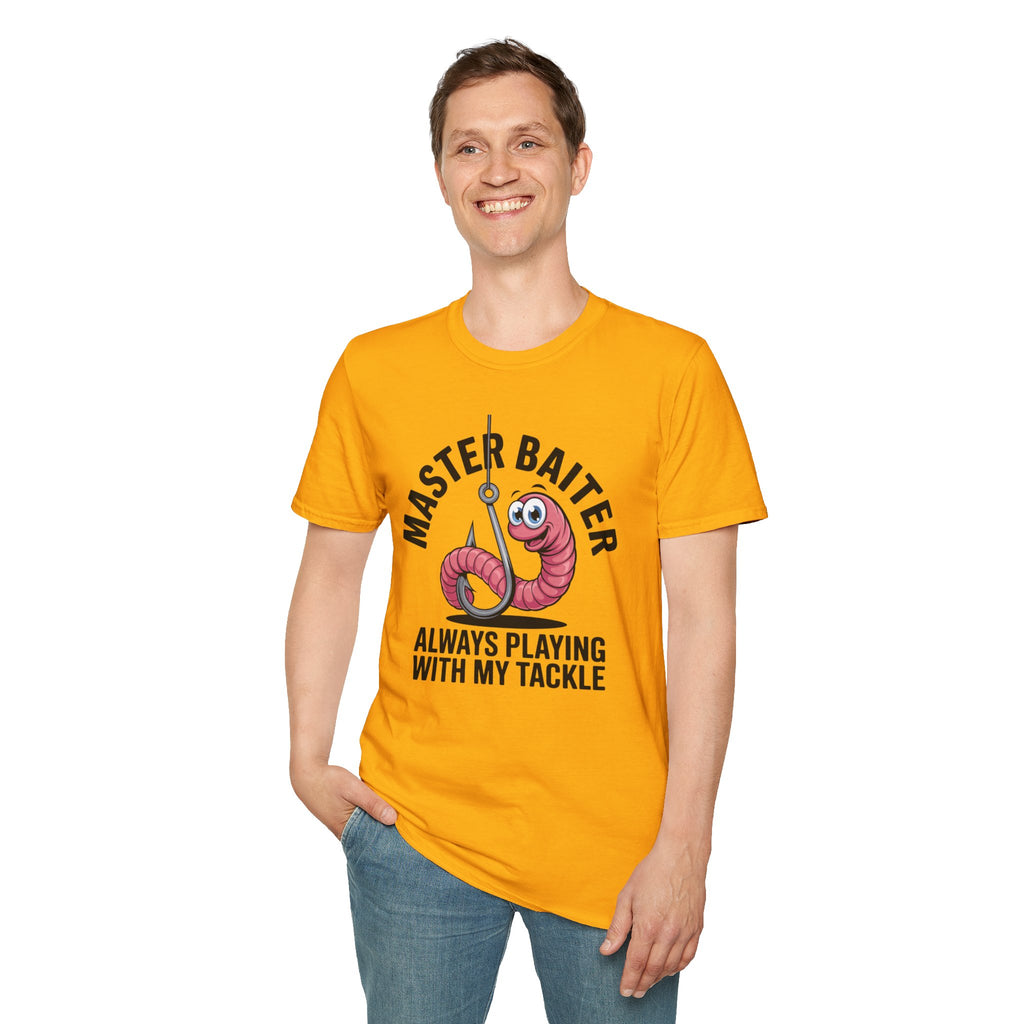 Master Baiter Fishing T-Shirt — Funny Worm Hook Tee ("Always Playing With My Tackle")