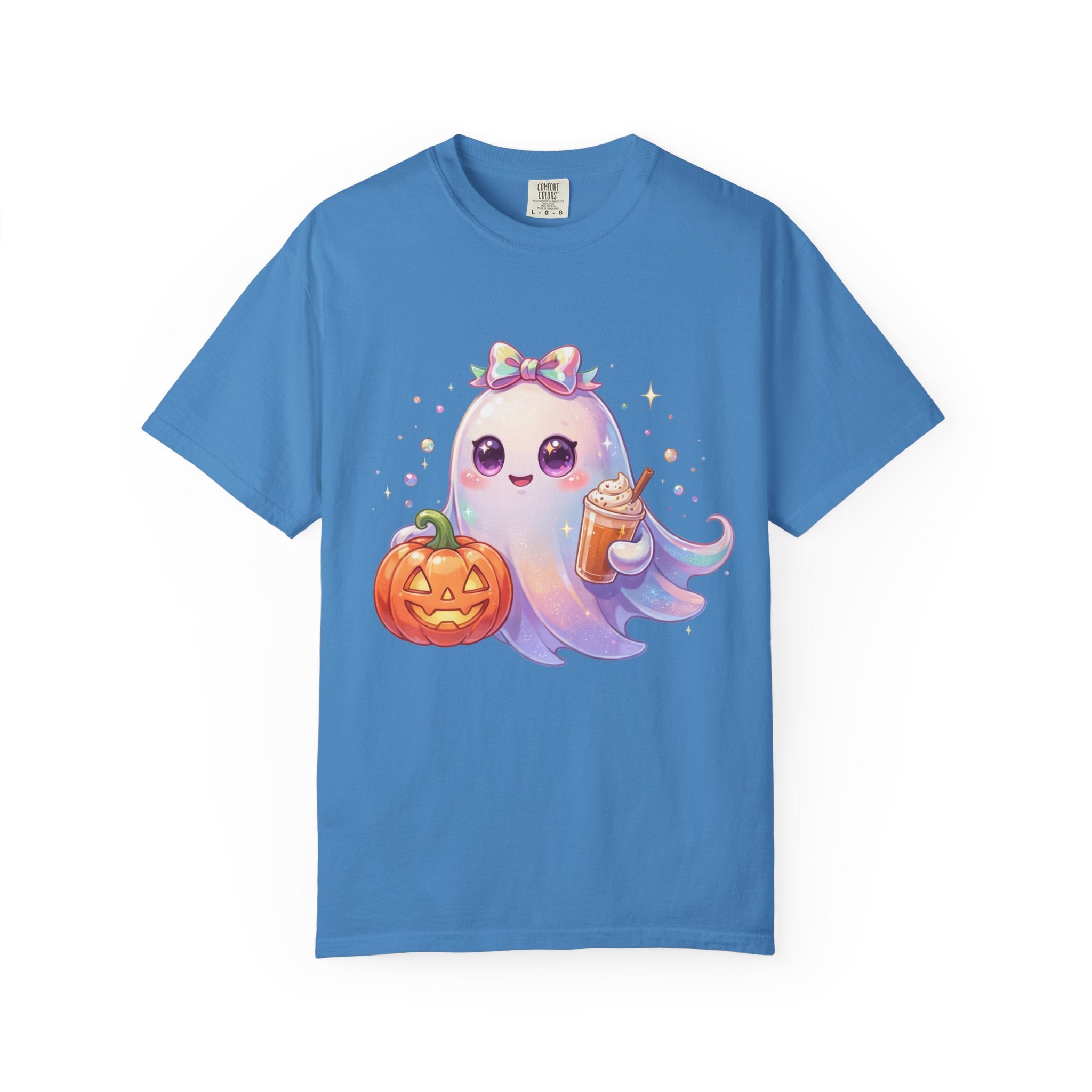Cute Halloween Ghost T-Shirt — Kawaii Pumpkin & Candy Drink Graphic