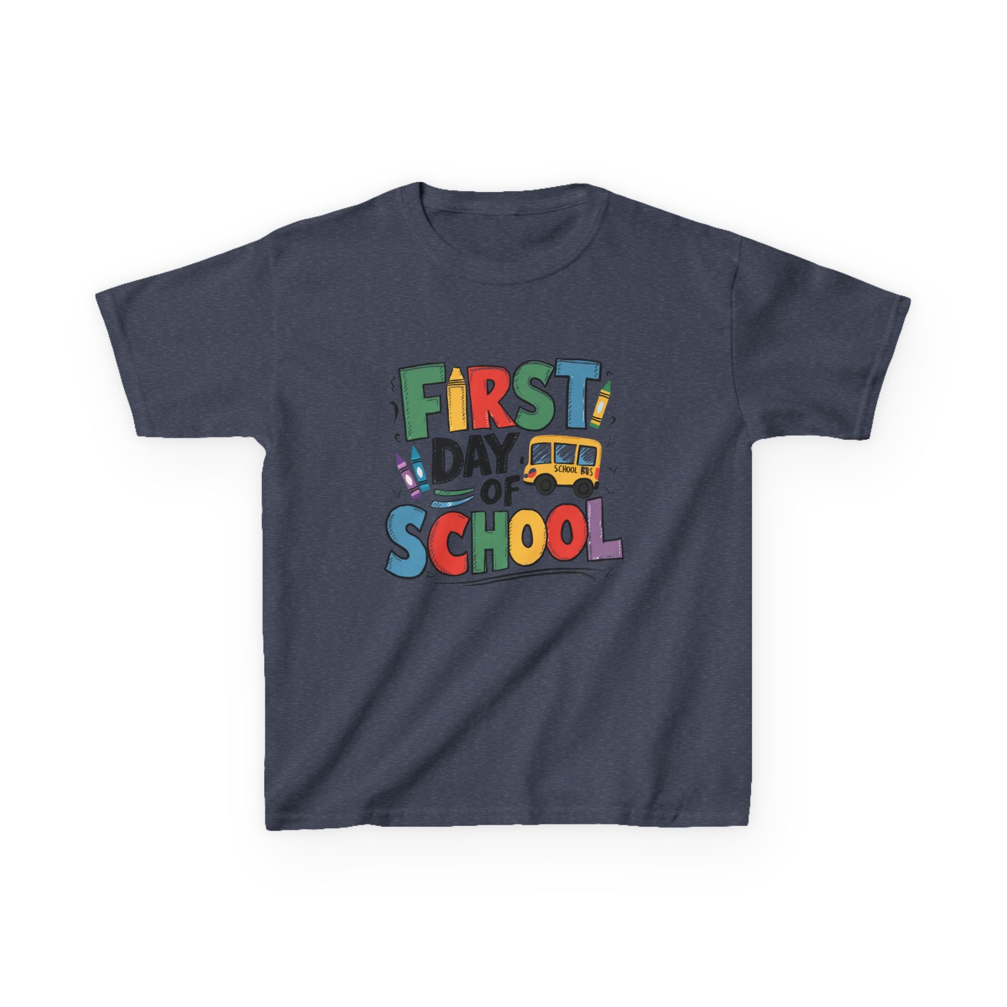 First Day of School Kids T-Shirt — Colorful Back-to-School Tee with School Bus Design