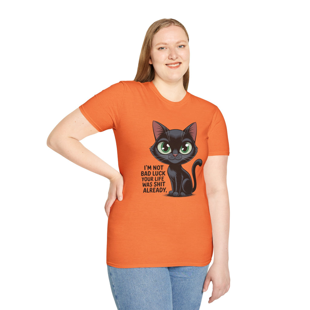 Funny Black Cat T-Shirt — I'm Not Bad Luck Dark Humor Gift Tee for Cat Lovers